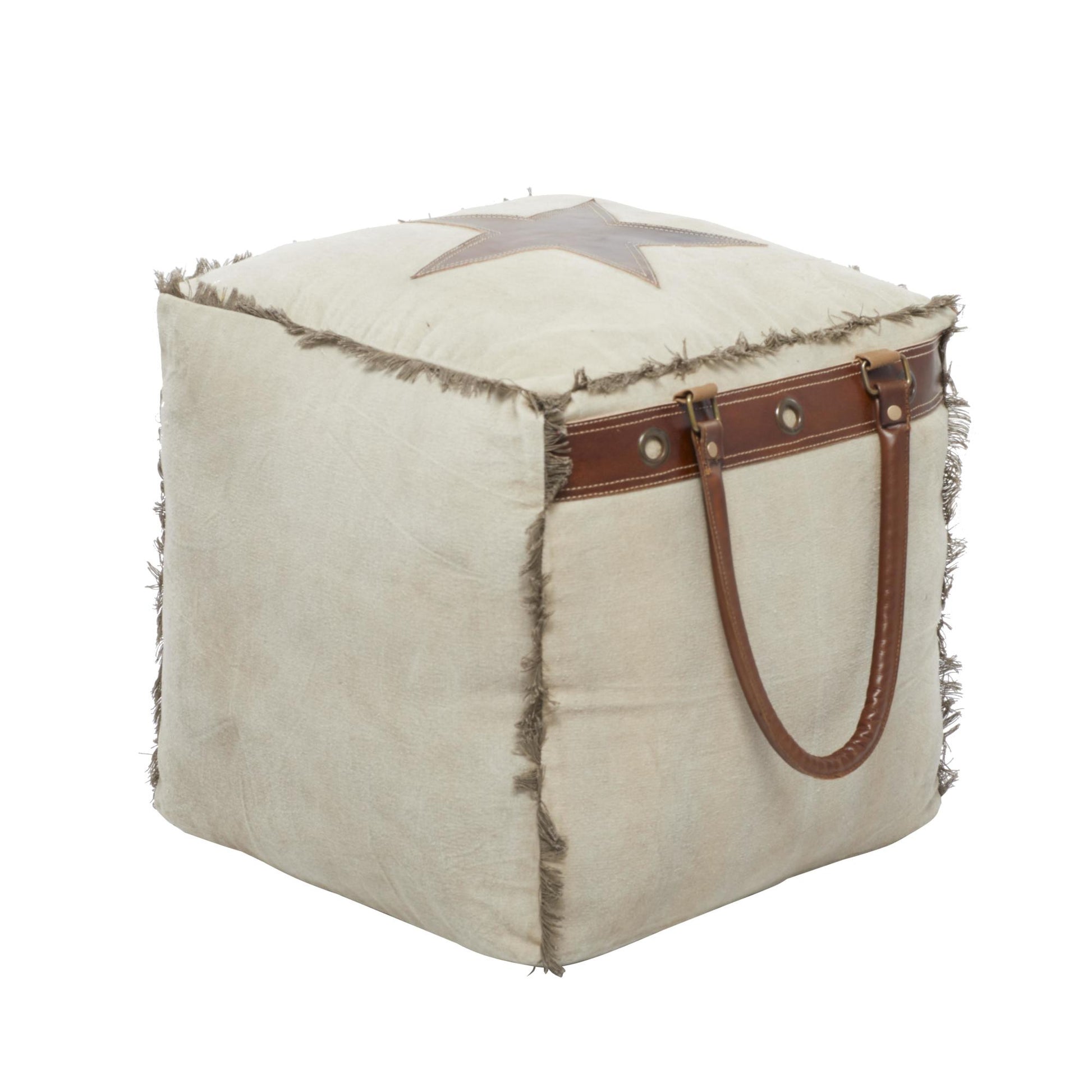 Star Canvas Stuffed Pouf with Leather Accents