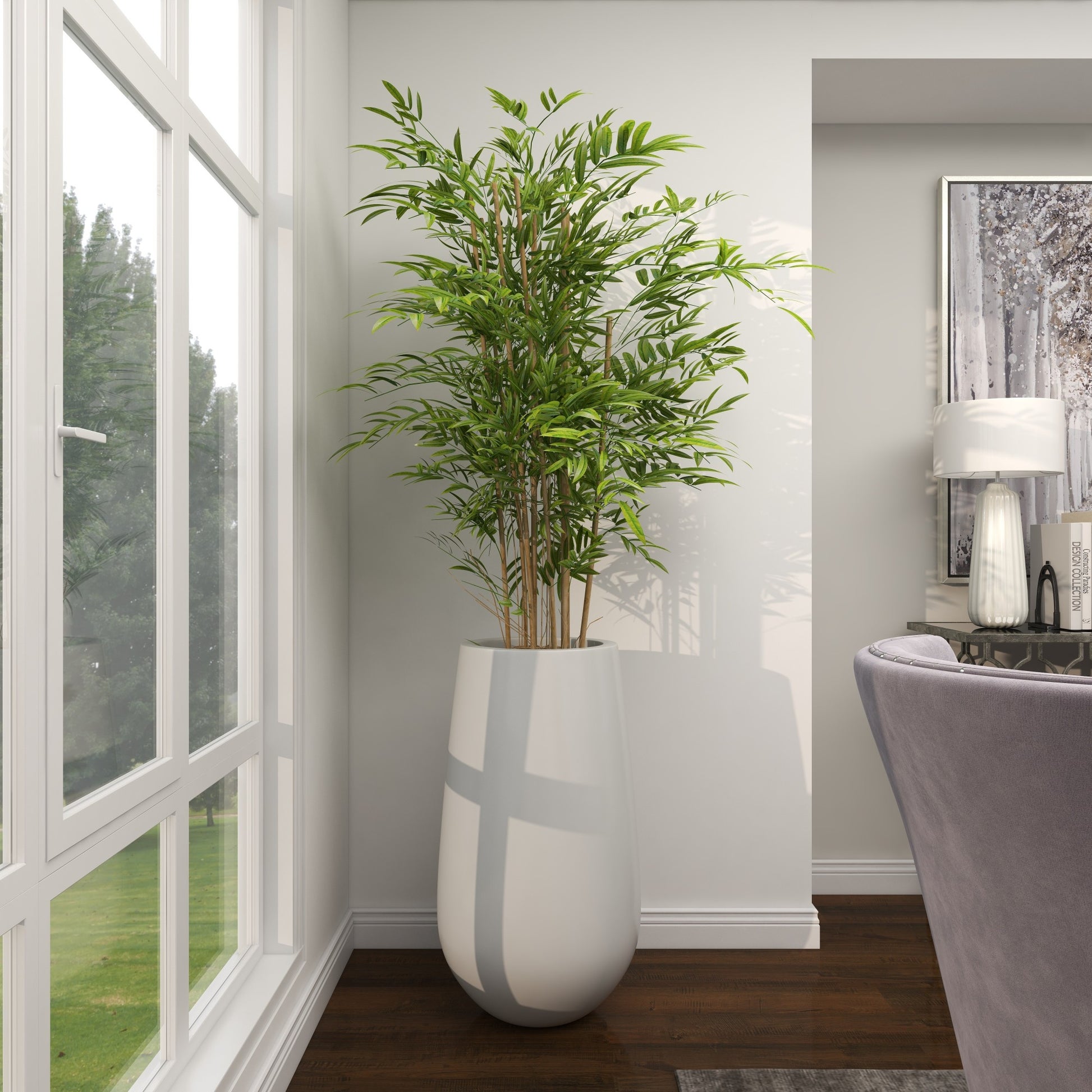 Bamboo Green Faux Foliage Indoor Outdoor Artificial Tree with Realistic Leaves and White Fiberglass Pot