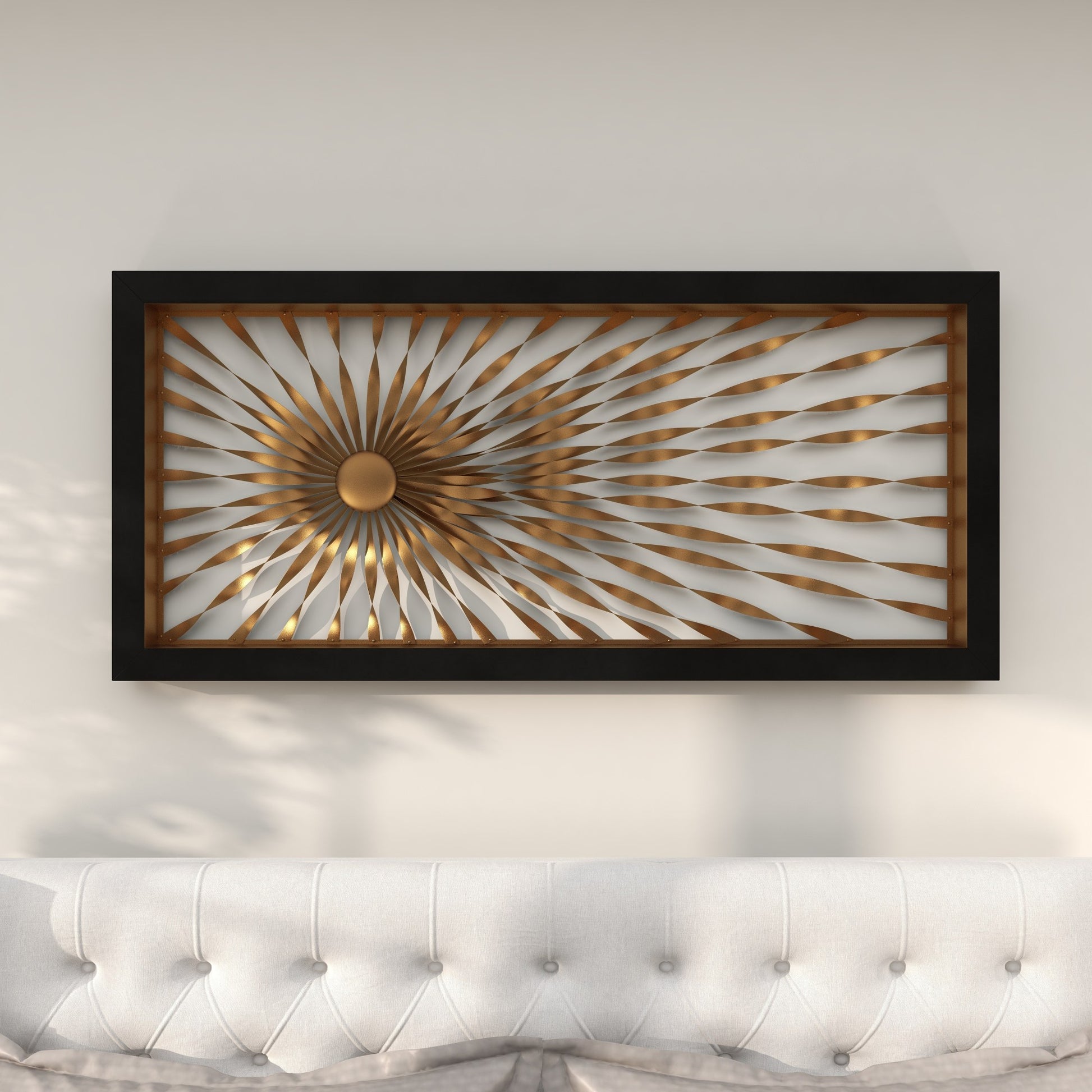 Sunburst Gold Metal Coiled Ribbon Home Wall Decor with Black Frame