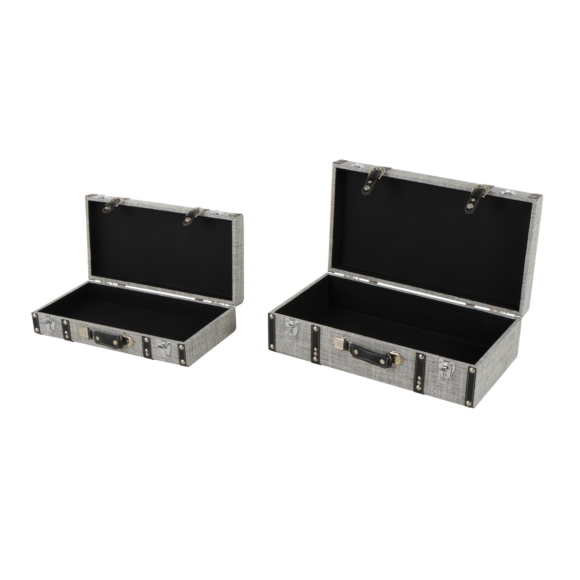 Set of 2 Gray Fabric Woven Storage Decorative Trunk with Silver Latches and Buckles