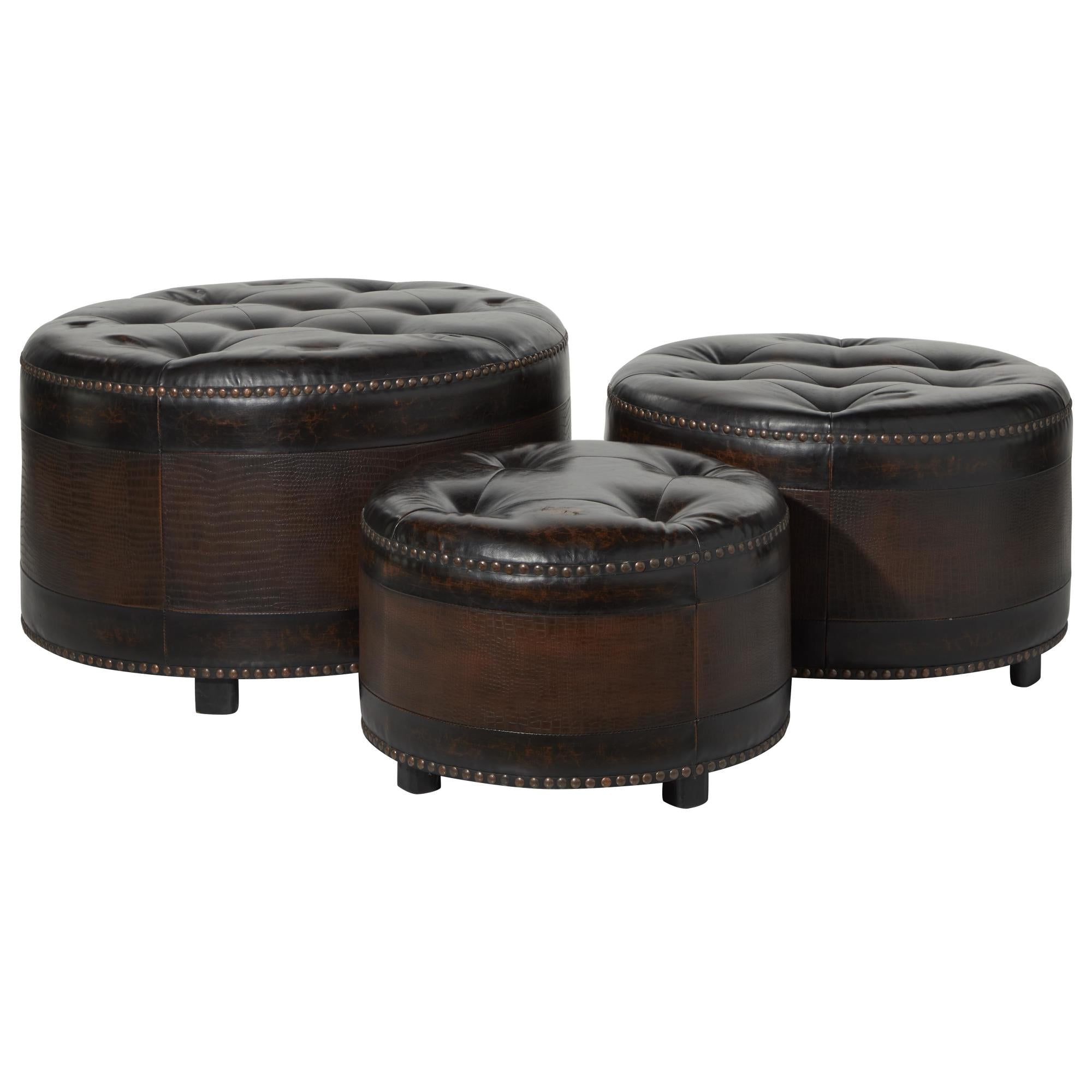 Set of 3 Dark Brown Wooden Room Storage Ottoman with Tufted Top