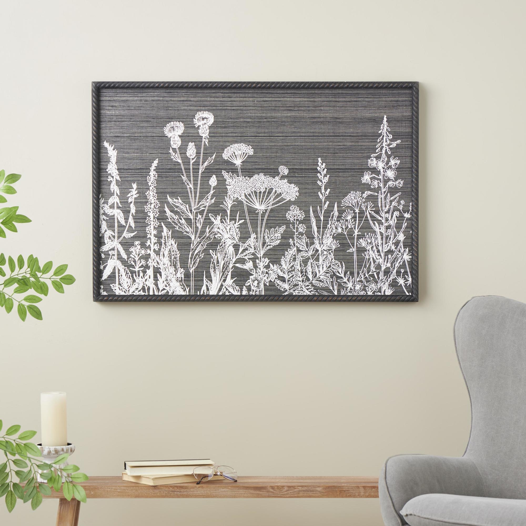 Floral Black Wood Relief Living Room Framed Wall Art with Gray Textured Backing and Black Twisted Frame