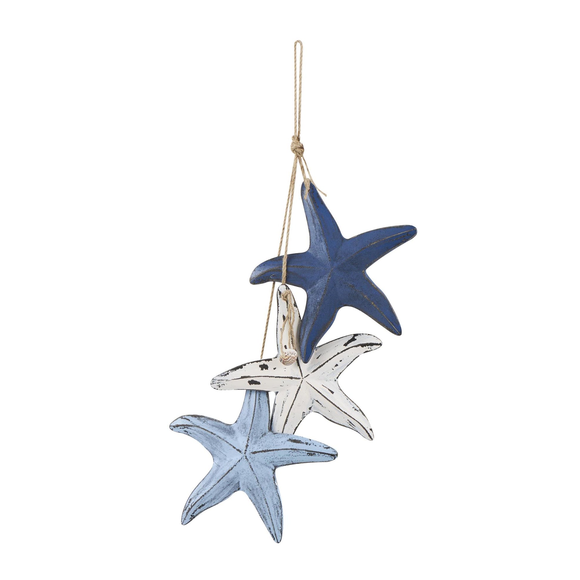 Starfish Blue Wooden Distressed Layered Home Wall Decor with Hanging Rope and Decorative Shell Accents