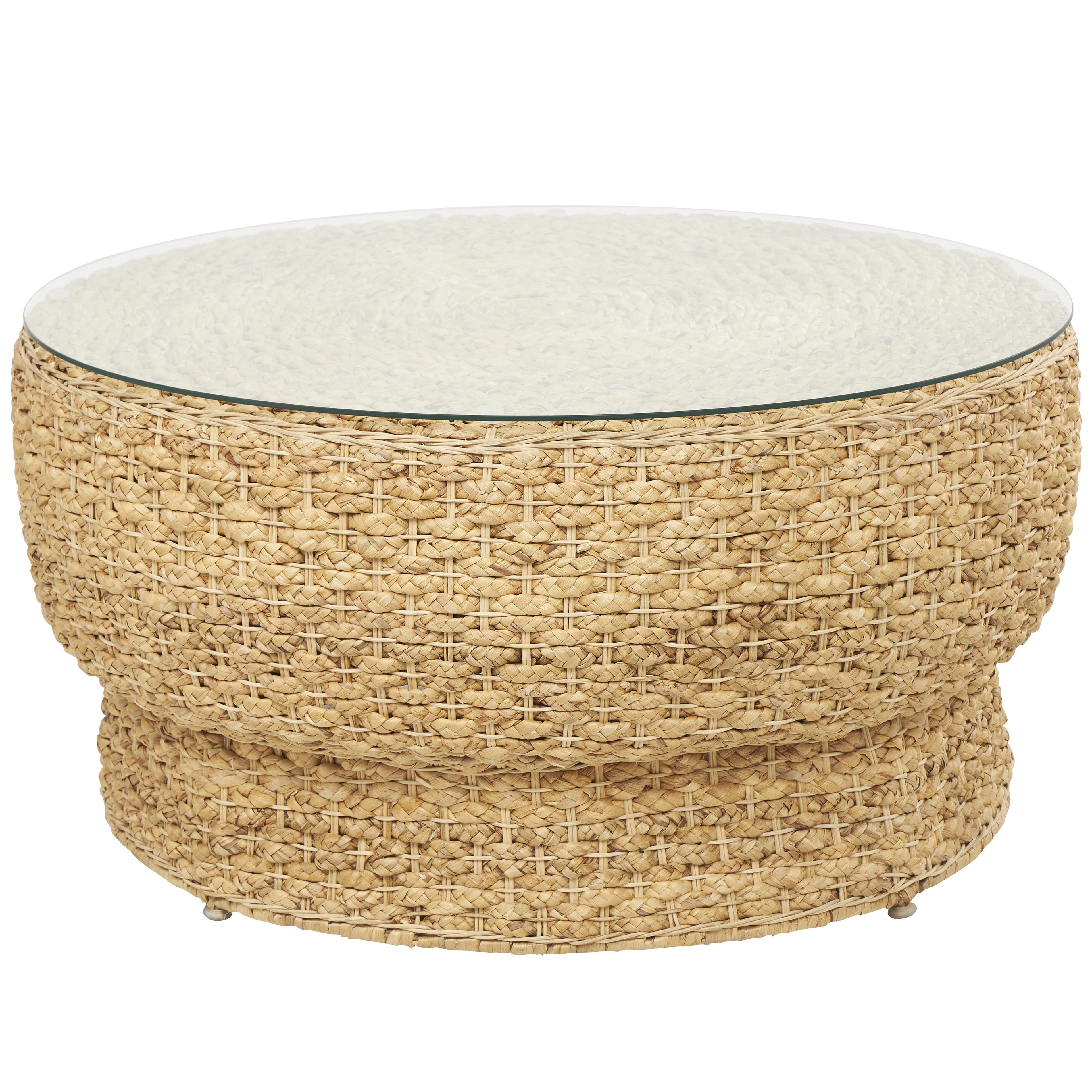 Brown Seagrass Handmade Woven Side End Accent Table with Glass Top