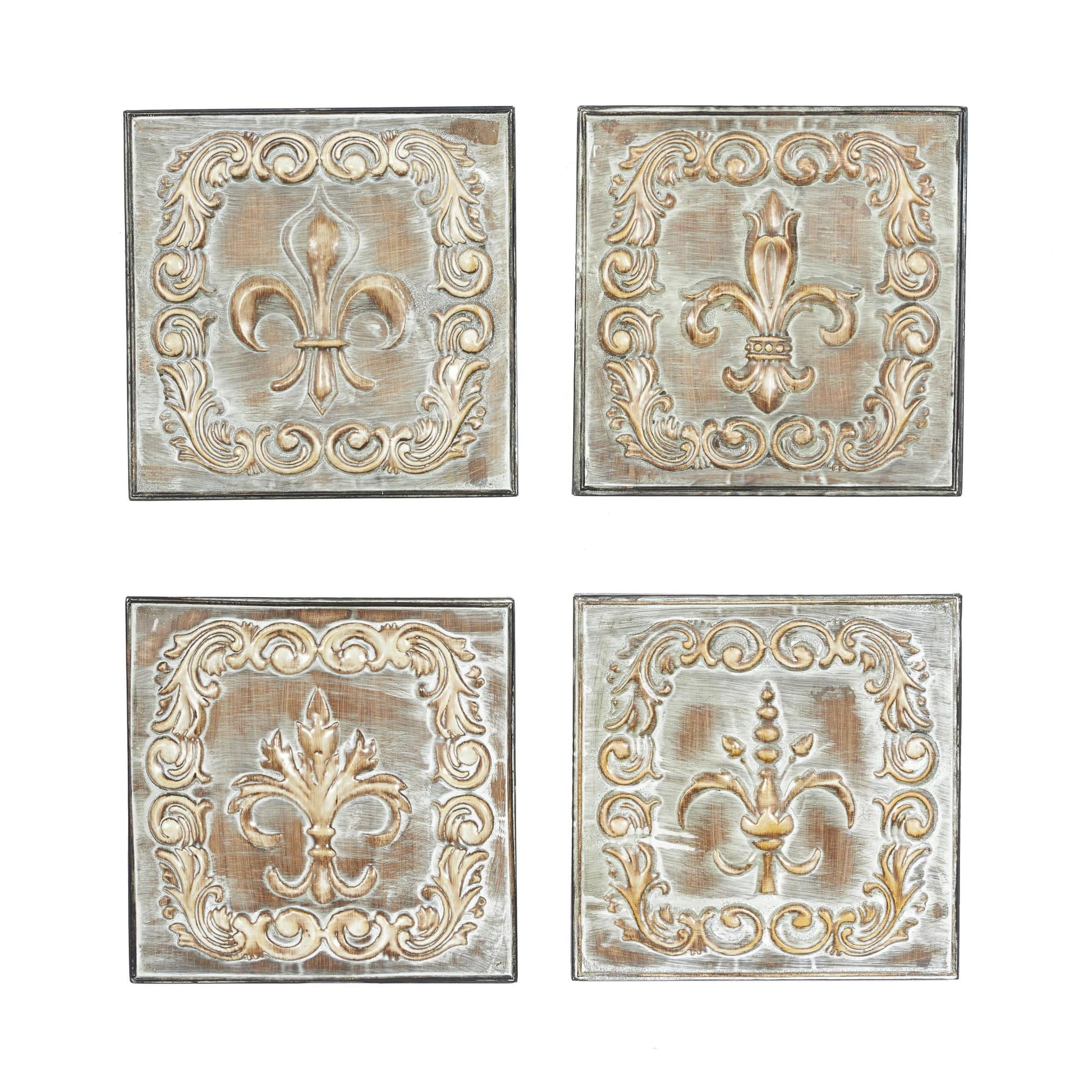 Set of 4 Fleur De Lis Green Metal Embossed Home Wall Decor with Scroll Details