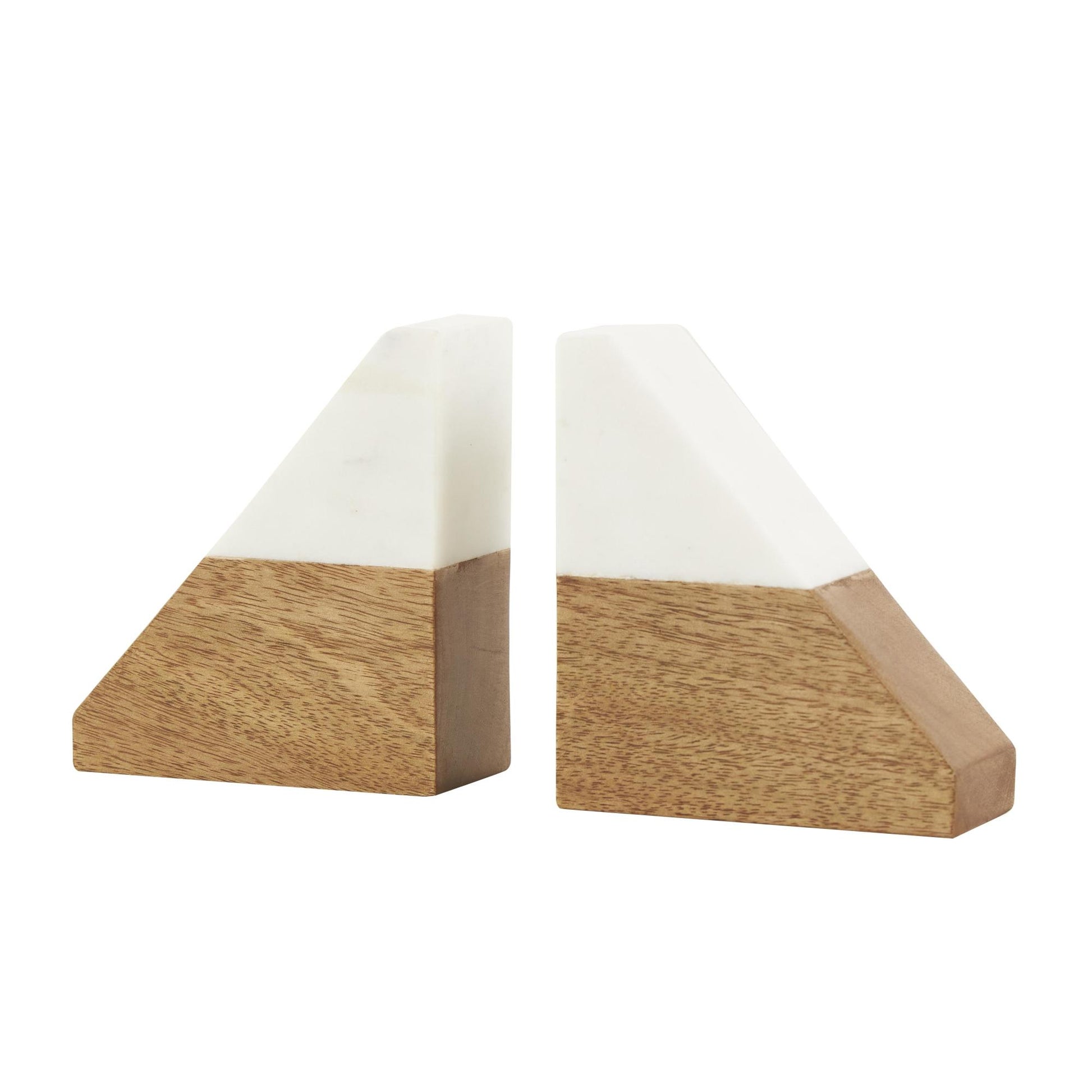 Set of 2 Geometric Brown Mango Wood Triangle 3 lbs Decorative Bookends with White Marble Tops