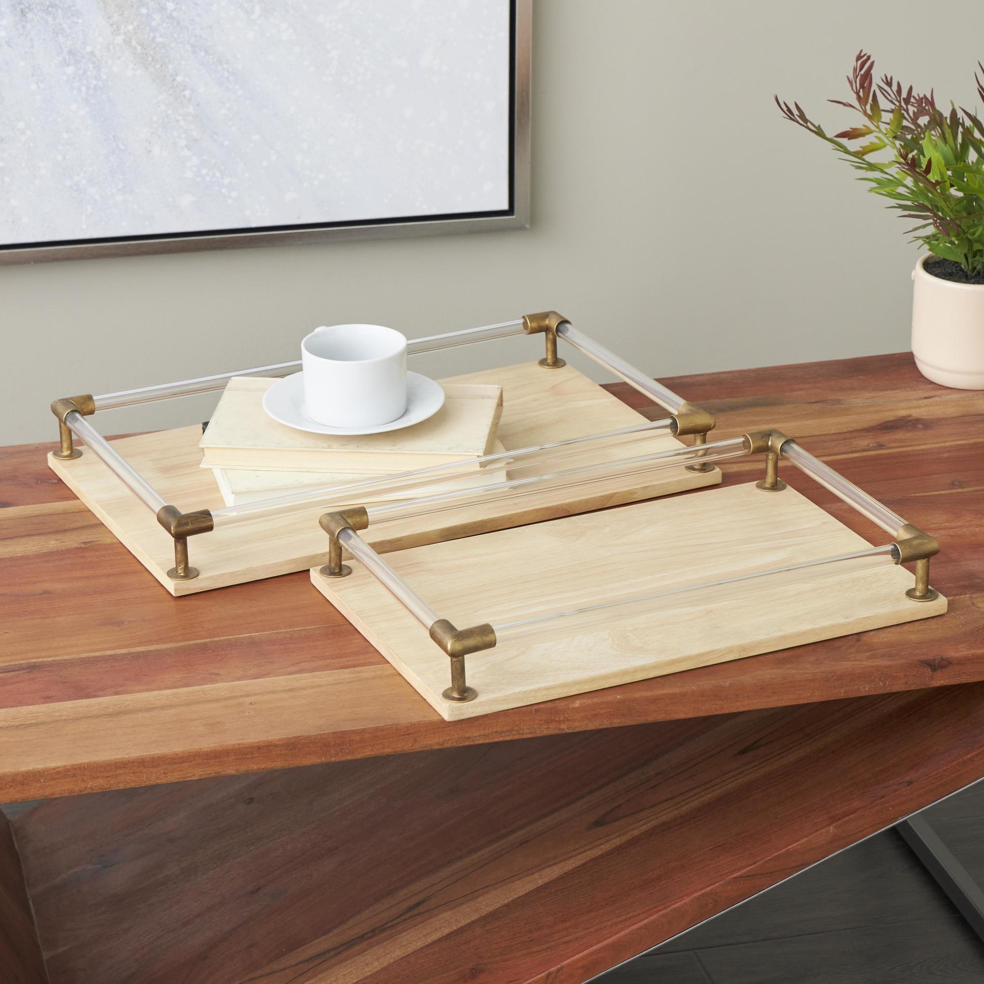 Set of 2 Light Brown Mango Wood Living Room Decor Tray with Copper Metal Edges and Acrylic Sides