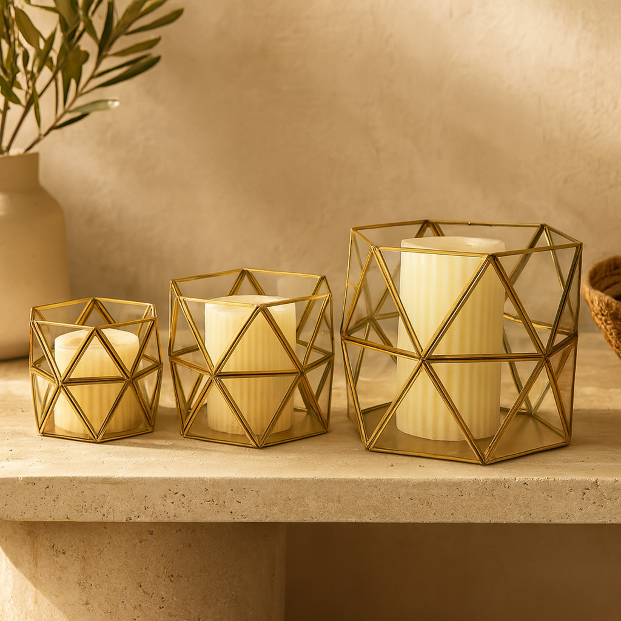 CosmoLiving by Cosmopolitan Set of 3 Geometric Gold Metal Diamond Patterned Hexagon Indoor Outdoor Candle Lantern