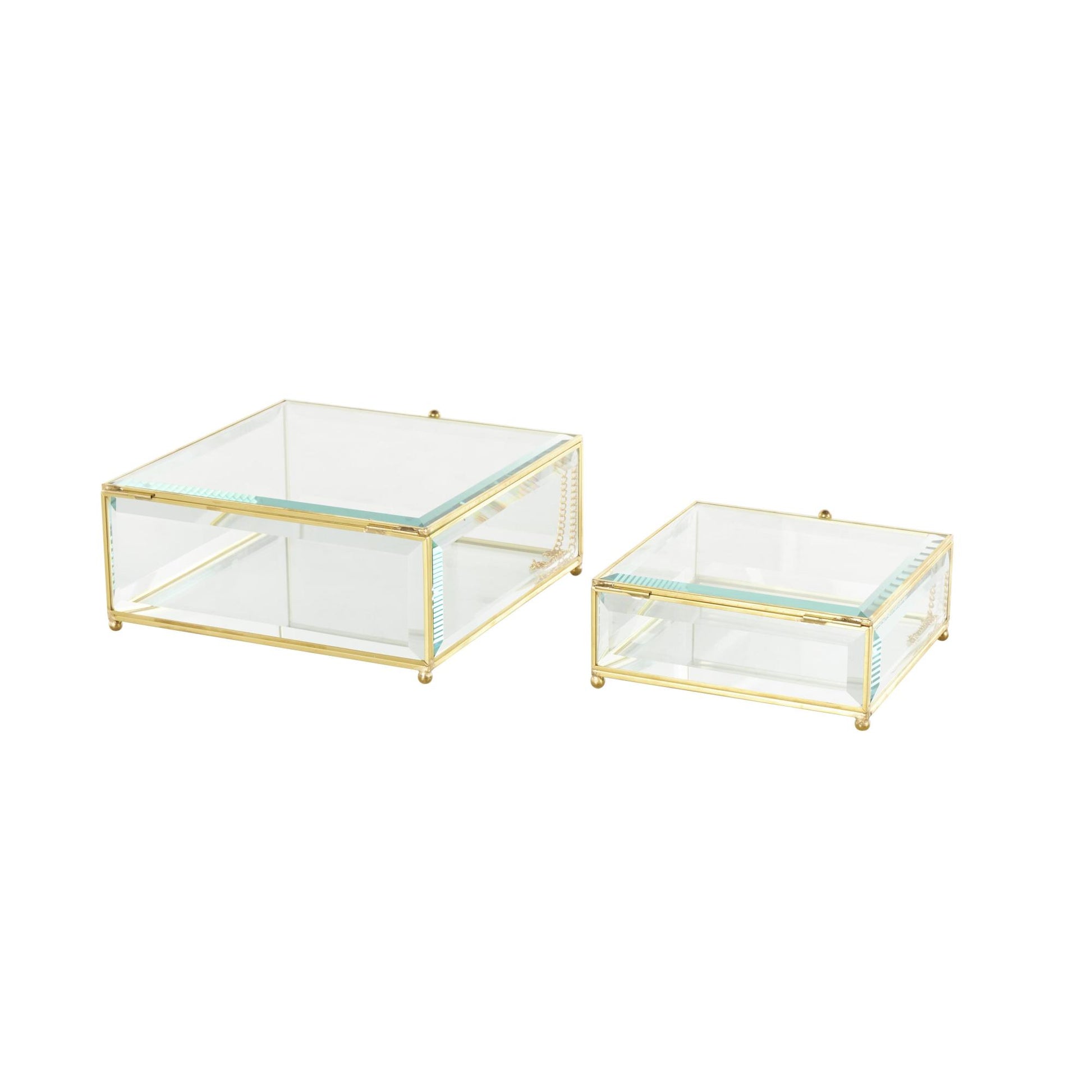 Set of 2 Clear Glass Beveled Decorative Jewelry Box with Gold Metal Frame and Chain Accent