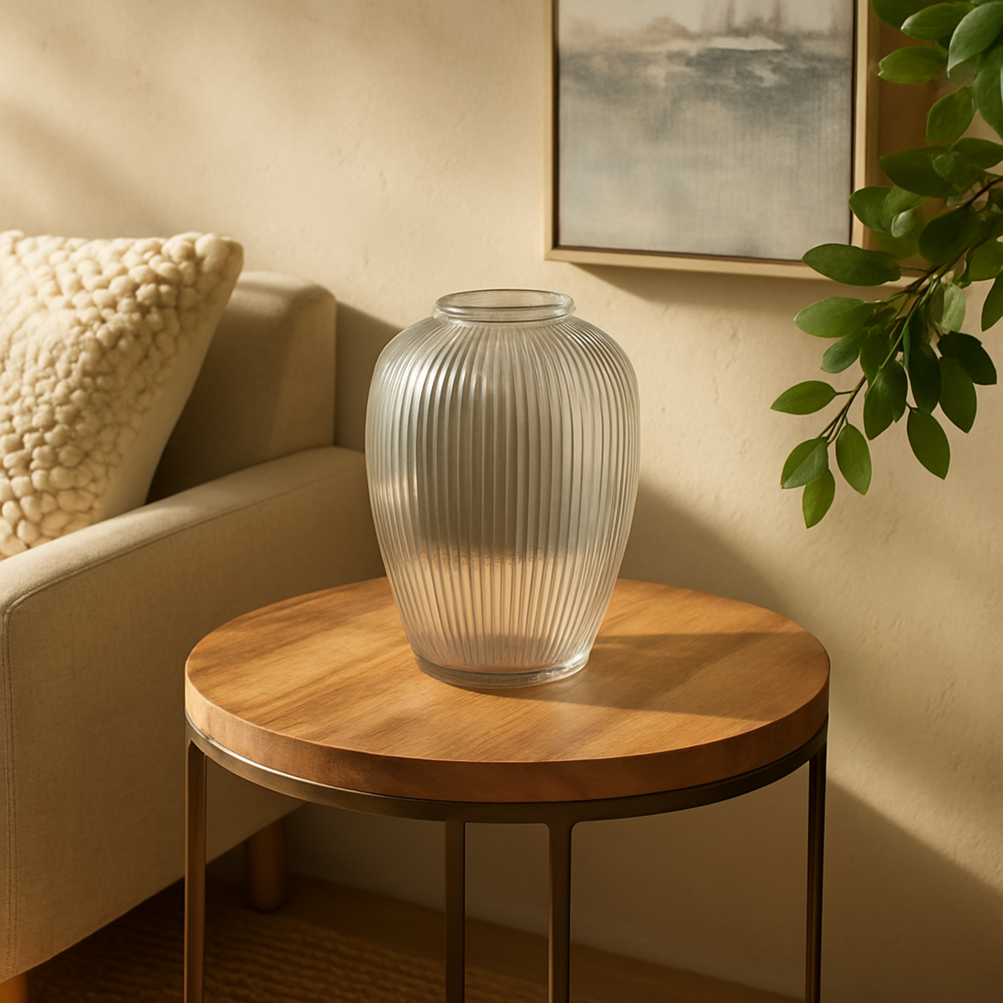 Glass Ribbed Fluted Decorative Vase 6" x 6" x 9"
