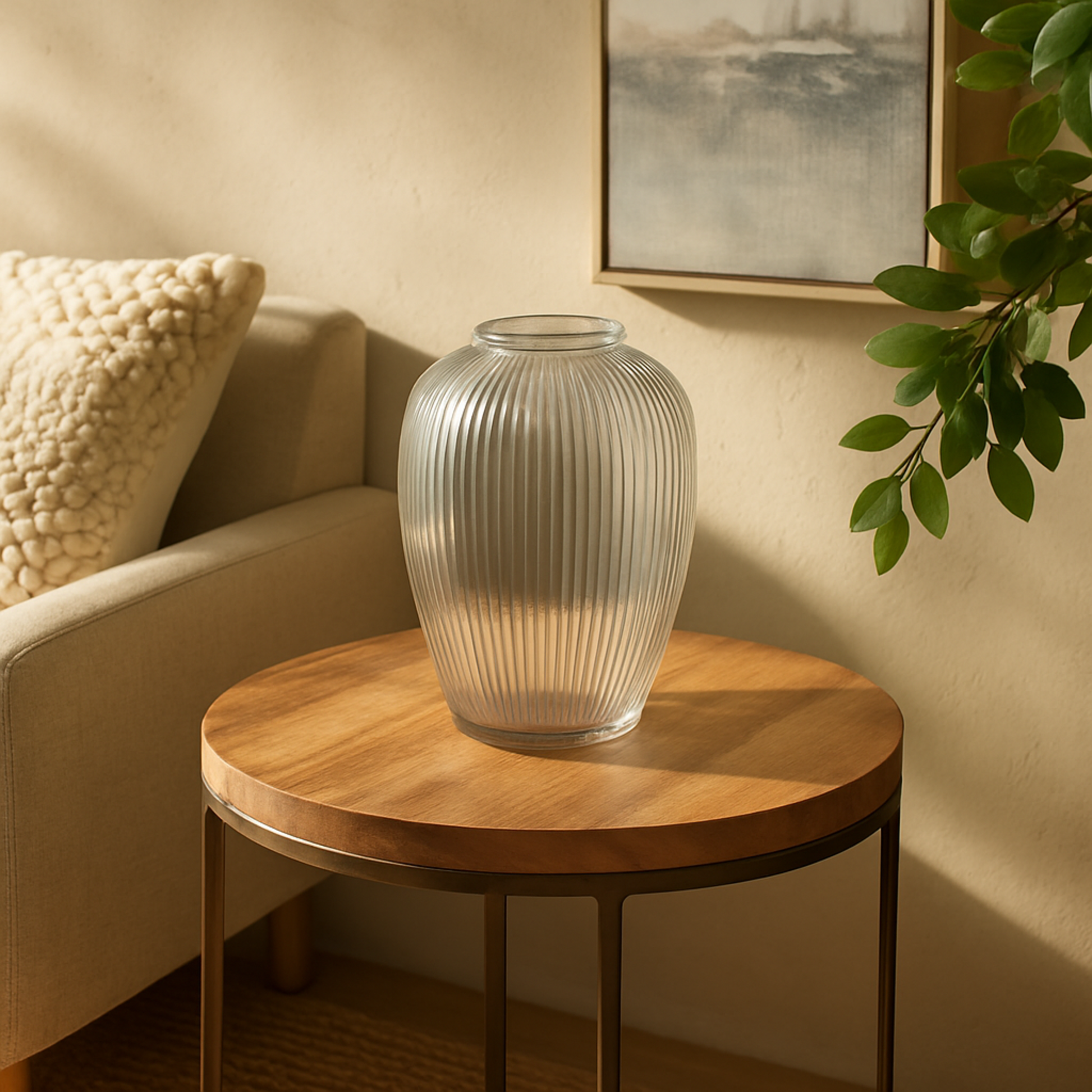 Glass Ribbed Fluted Decorative Vase 6" x 6" x 9"