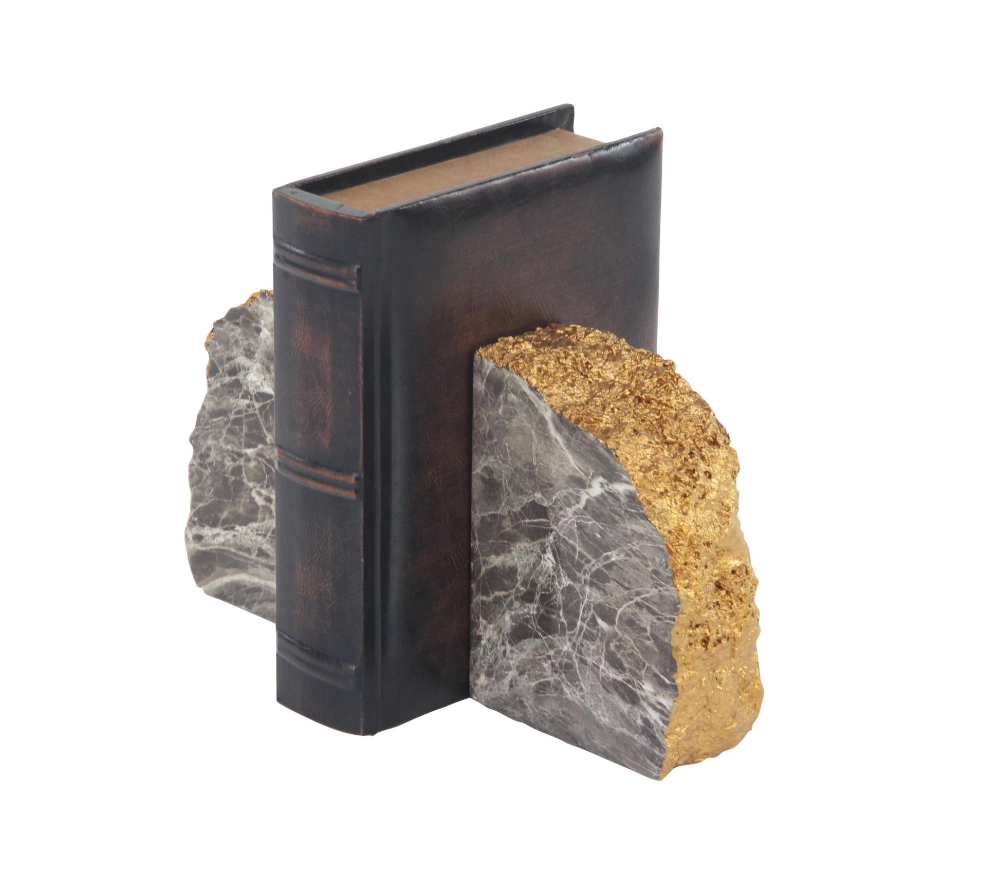 CosmoLiving by Cosmopolitan Set of 2 Geode Gray Polystone Decorative Bookends with Gold Detailing