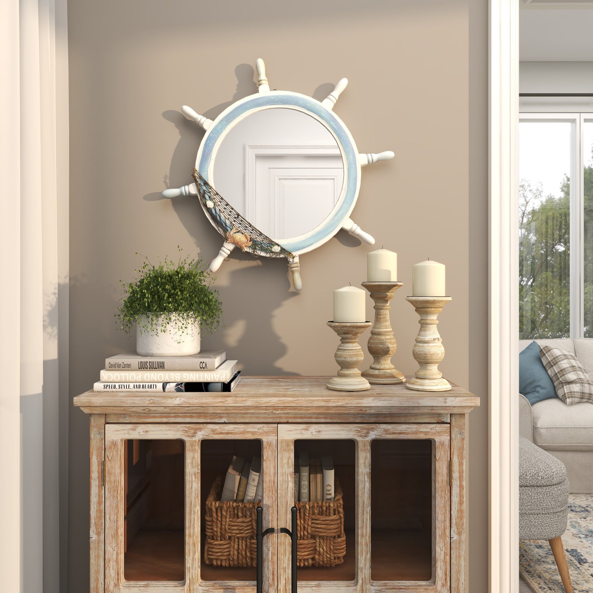 Ship Wheel Blue Wood Room Wall Mirror with White Spokes and Sealife with Netting Accent