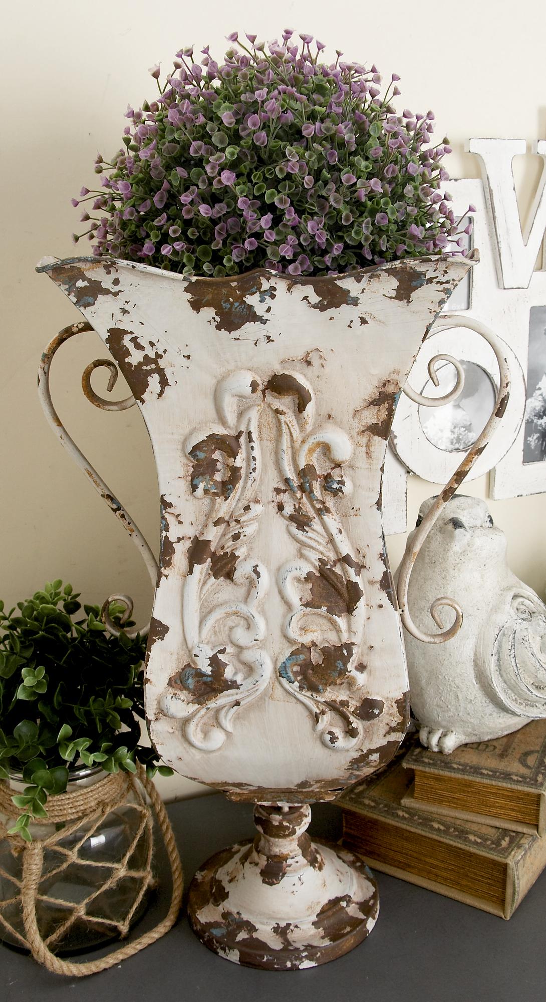 Scroll Beige Metal Distressed Decorative Vase
