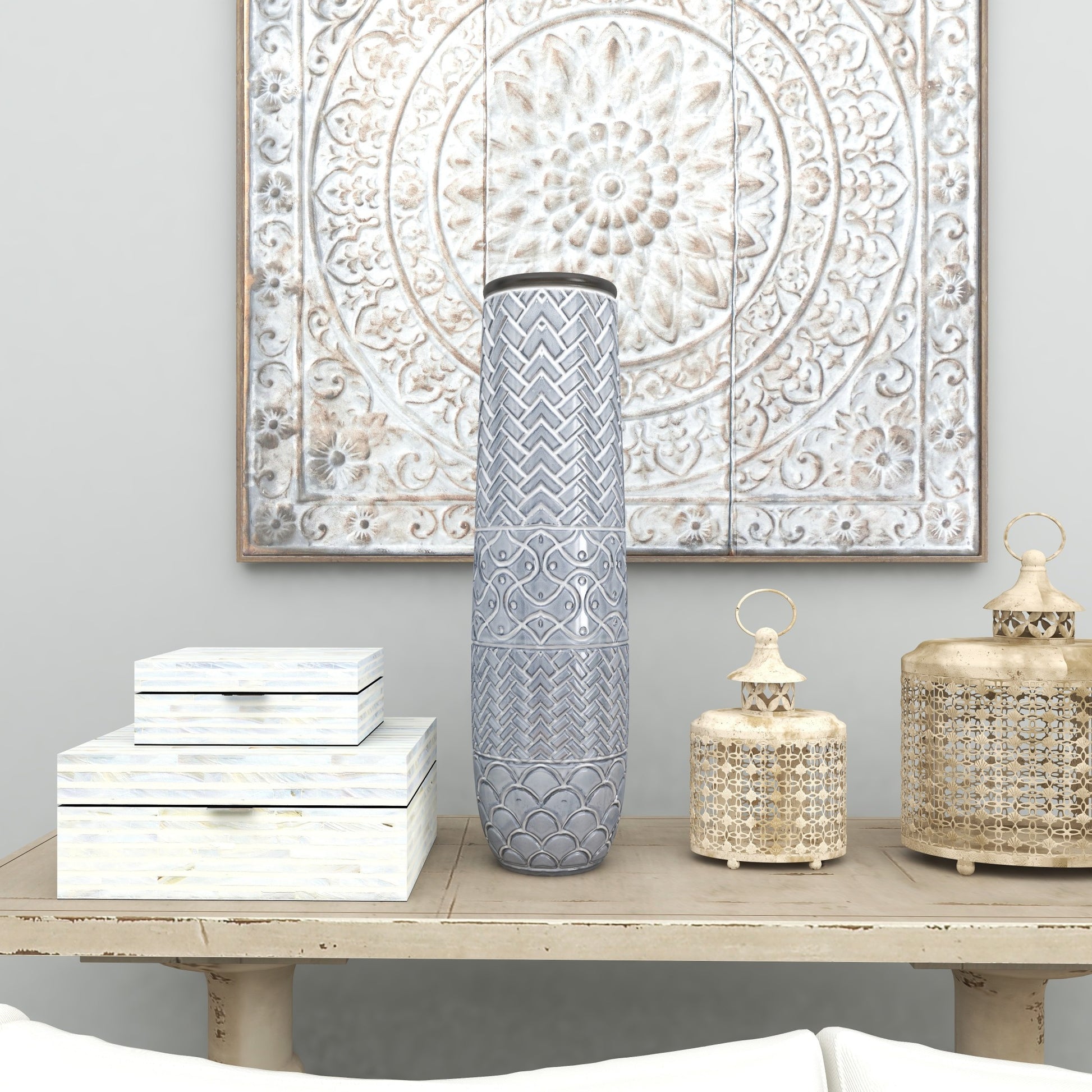 Gray Ceramic Slim Engraved Patterned Decorative Vase with Varying Patterns