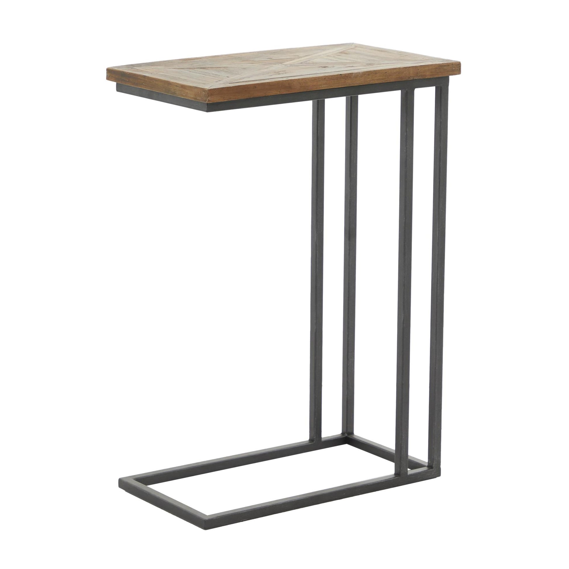 Black Metal C-Shaped Side End Accent Table with Brown Wood Top