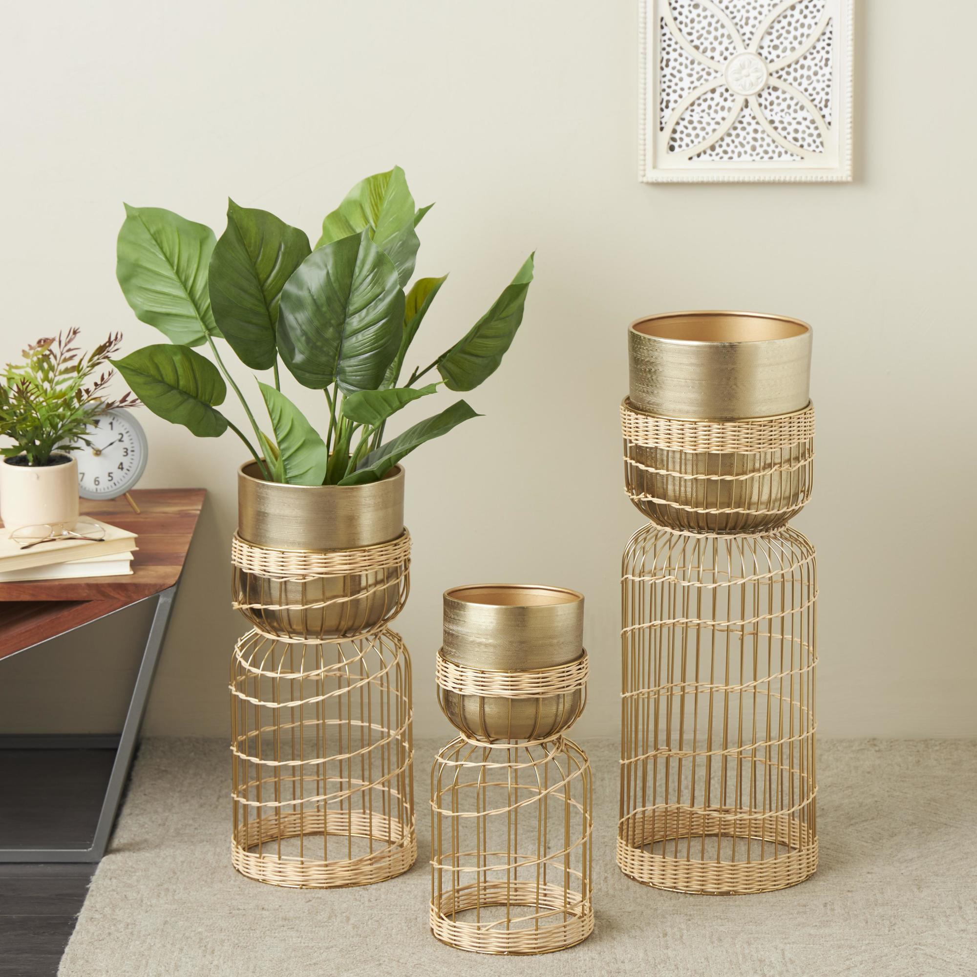 Set of 3 Metal Textured Dome Indoor Planter with Woven Seagrass and Caged Rod Pedestal Base Set of 3 32", 27", 24"H