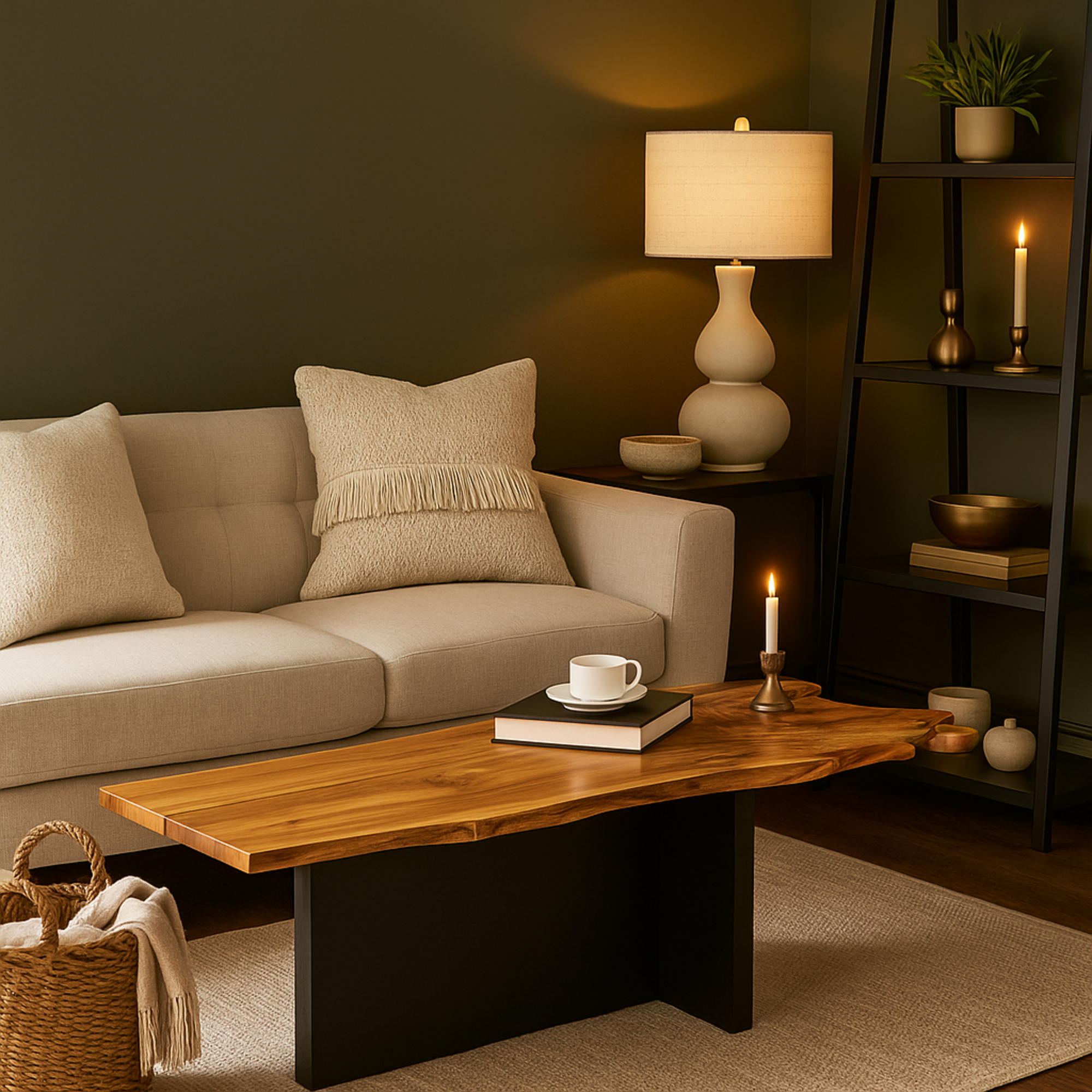 Brown Teak Wood Handmade Living Room Coffee Table with Brown Live Edge Tabletop