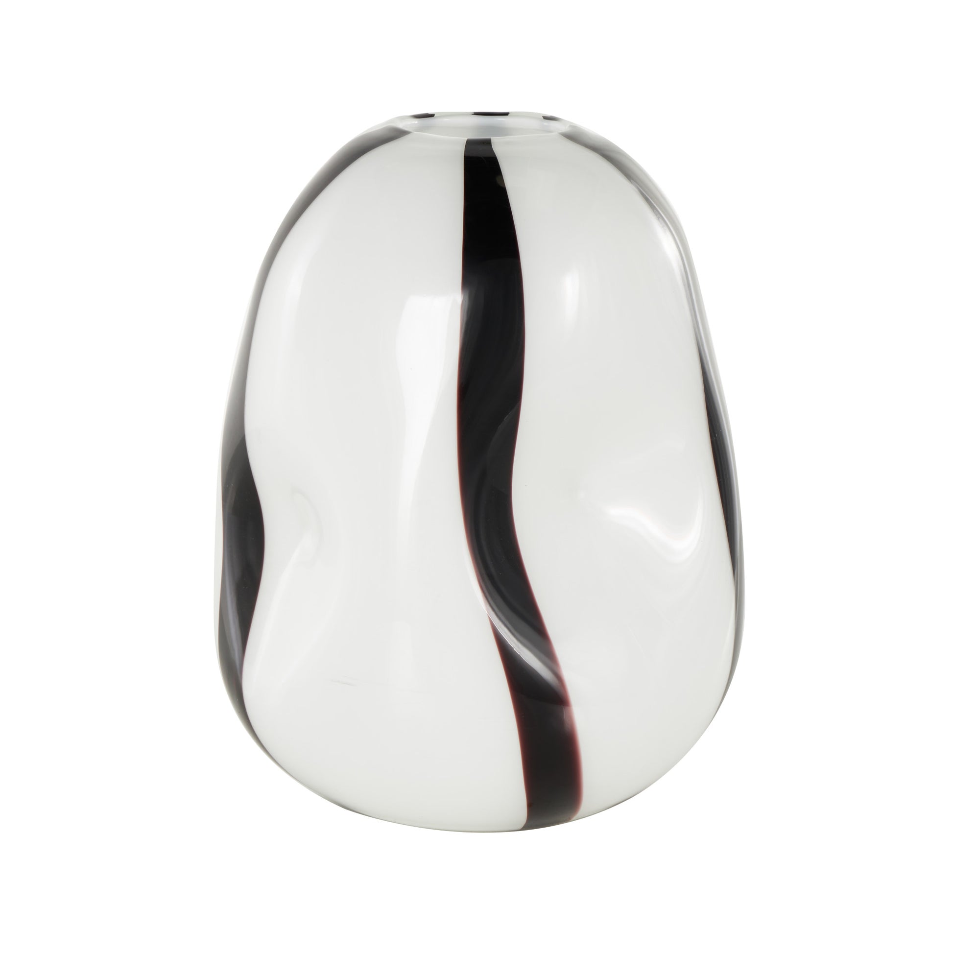 White Glass Concaved Round Decorative Vase with Black Stripes