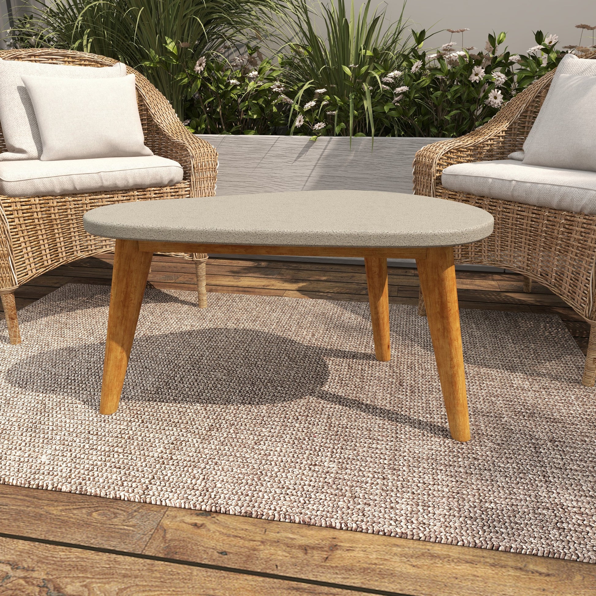 Gray Cement Stone Concrete Inspired Angled Oval End Table Outdoor Accent Table with Tapered Wood Legs