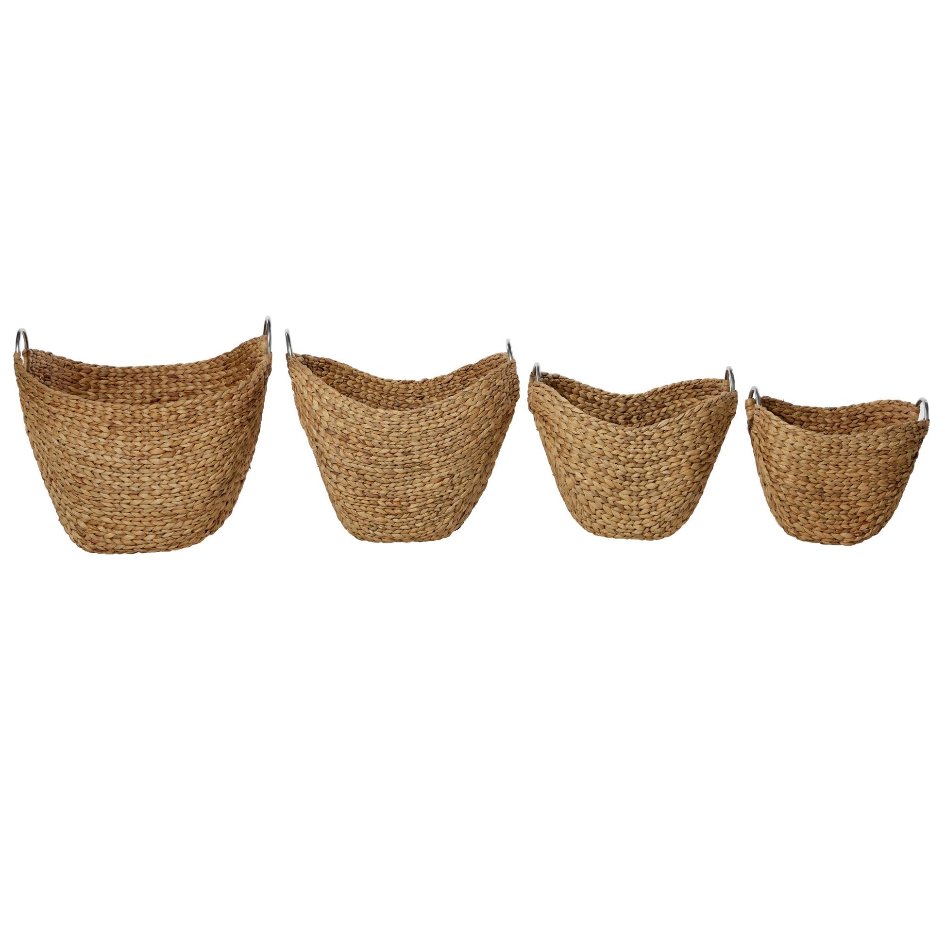 Set of 4 Brown Seagrass Handmade Woven Curved Decorative and Functional Storage Basket with Silver Metal Handles
