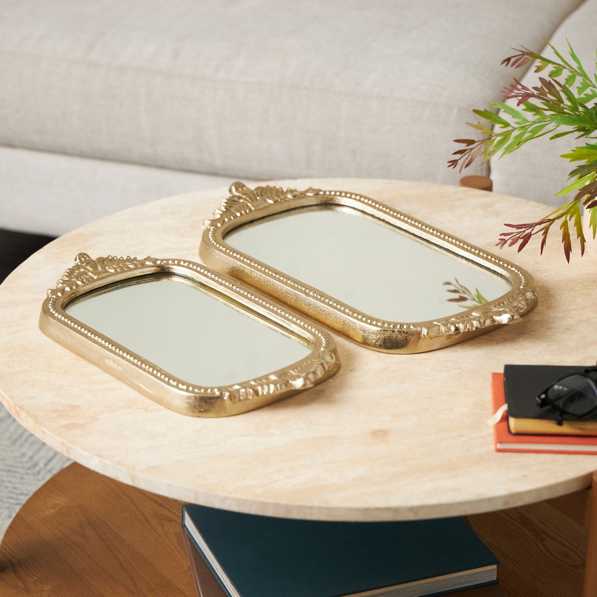 Set of 2 Leaf Gold Aluminum Metal Living Room Decor Tray with Mirrored Glass Interior and Handles