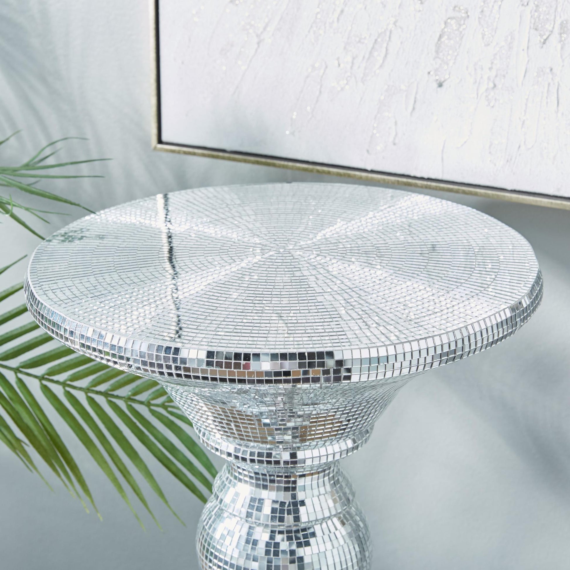 Silver Glass Mosaic Mirrored Turned Floor Side End Pedestal Table
