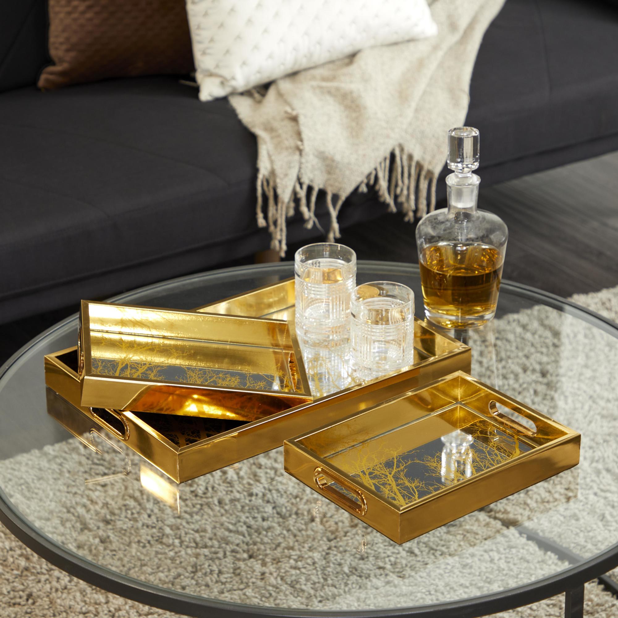 Set of 3 Geometric Gold Plastic Mirrored Living Room Decor Tray