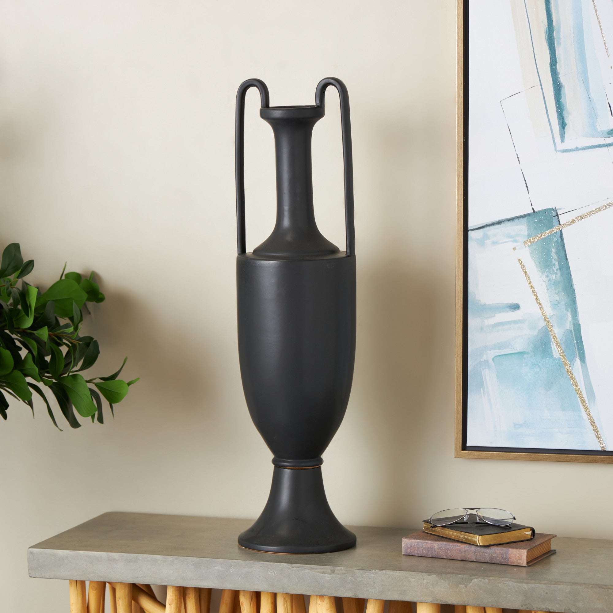 Ceramic Fluted Urn Shaped Decorative Vase with Arch Handles