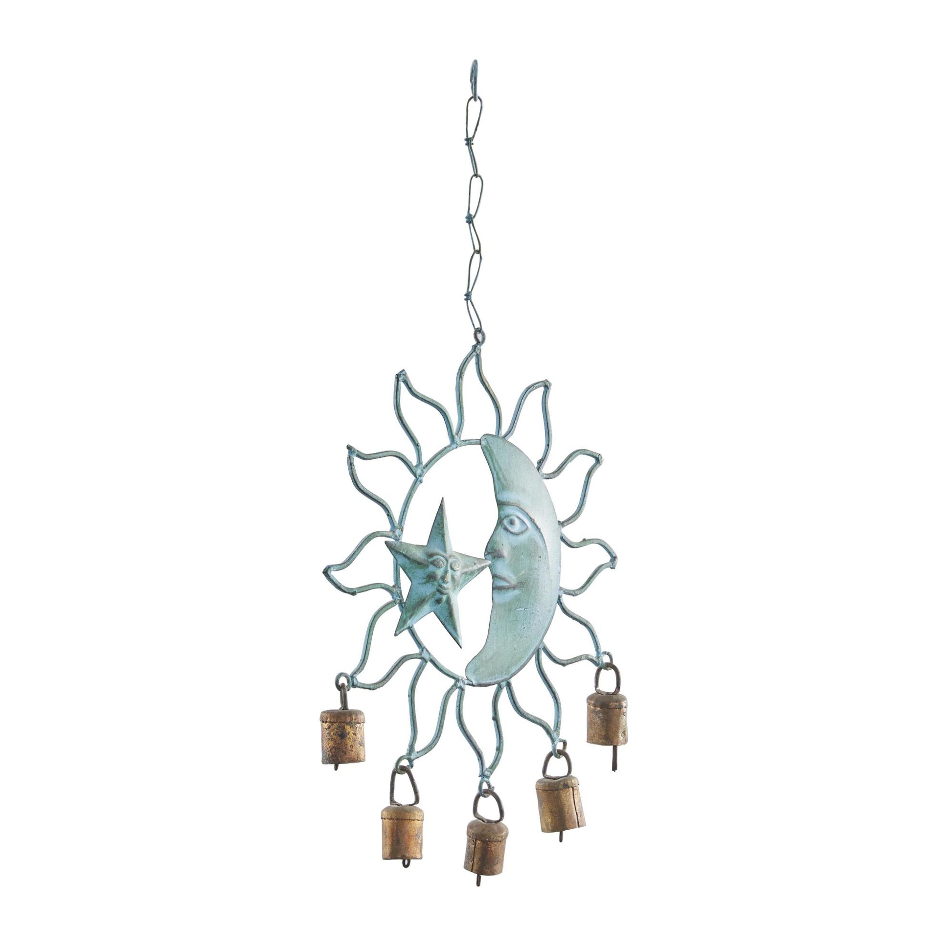 Sun and Moon Teal Metal Indoor Outdoor Windchime with Bells