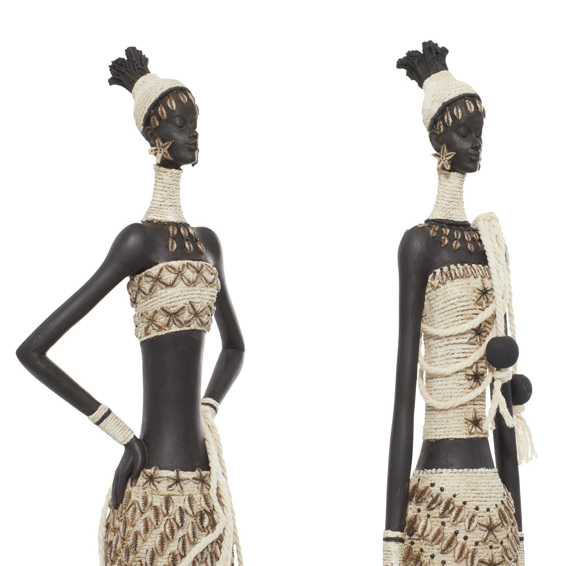 Set of 2 Woman White Polyresin Handmade Standing African Decorative Sculpture with Intricate Details