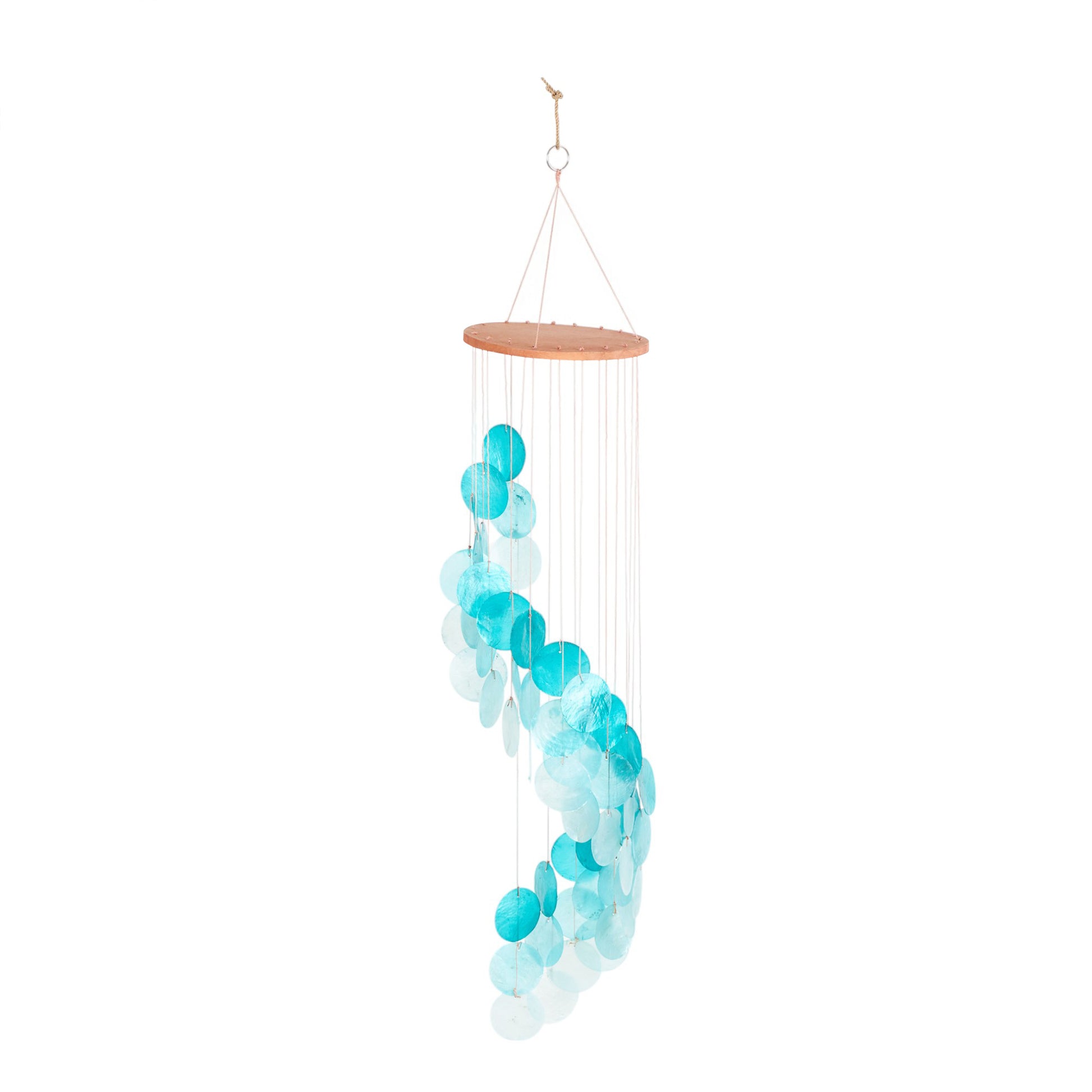 Geometric Teal Capiz Shell Waterfall Indoor Outdoor Windchime with Silver Ring