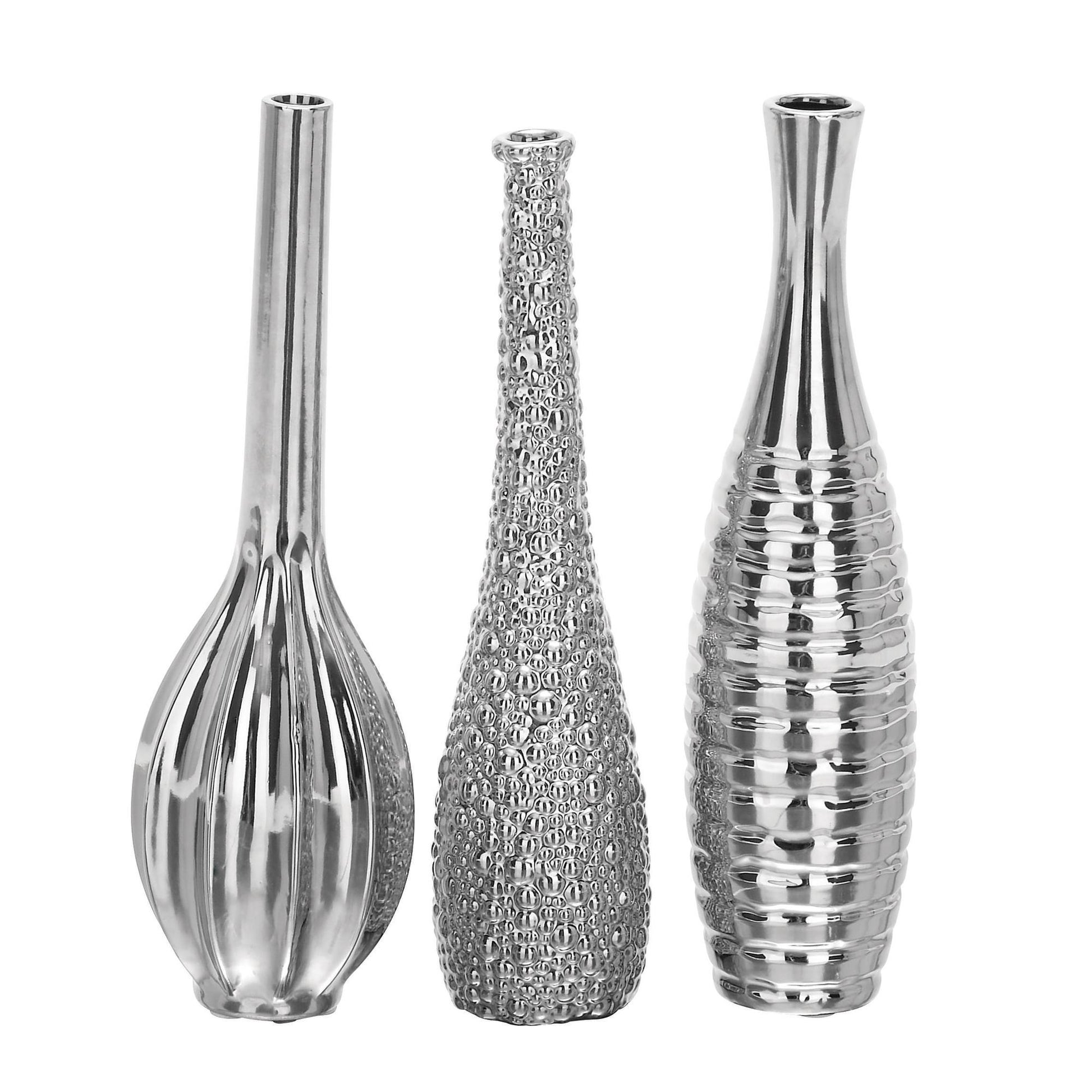 Set of 3 Ceramic Slim Textured Bottleneck Decorative Vase with Varying Patterns Set of 3 4"W, 12"H