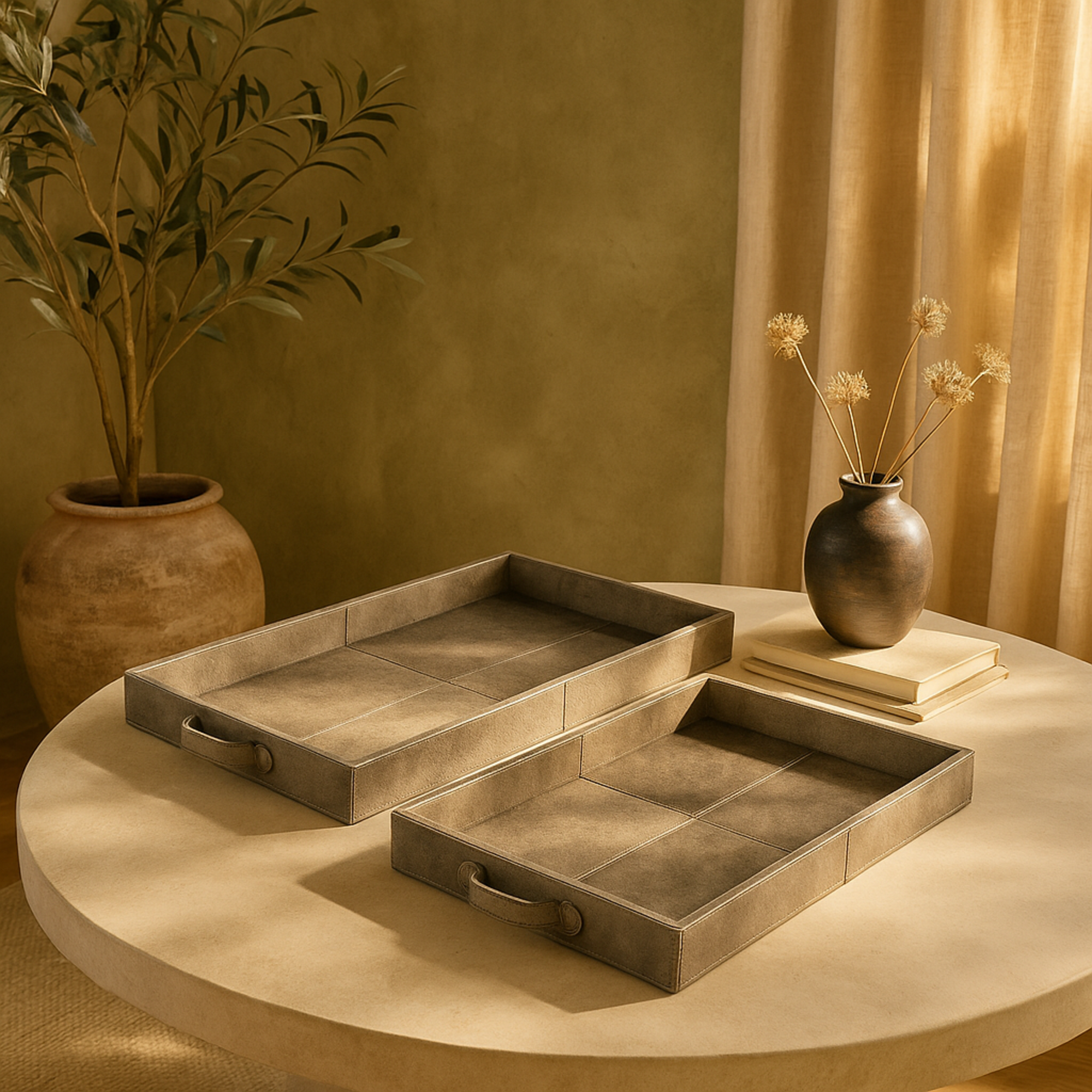Set of 2 Gray Wooden Handmade Cowhide Living Room Decor Tray with Slot Handles