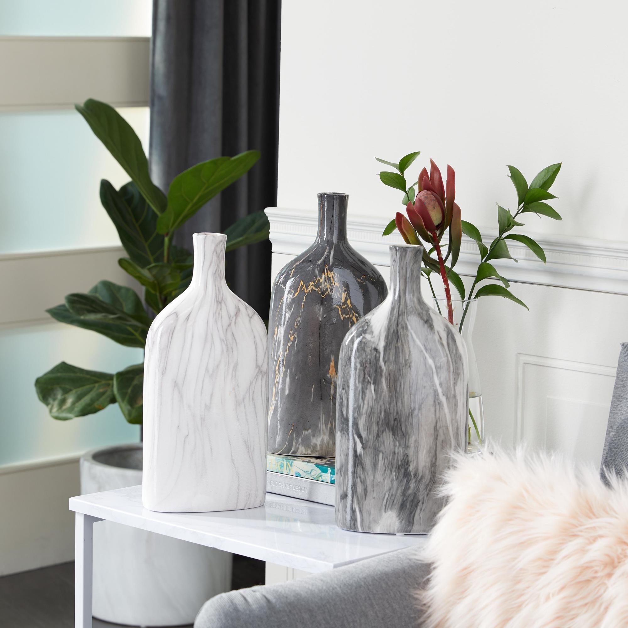 Set of 3 Gray Ceramic Faux Marble Decorative Vase