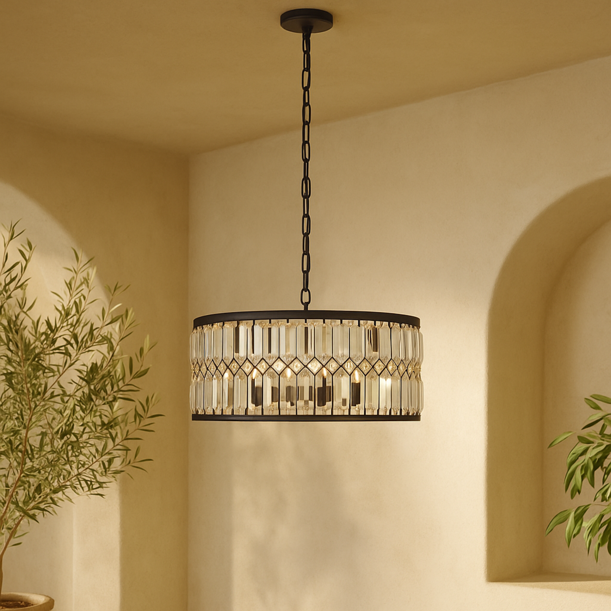 Geometric Black Metal Crystal Embellished 6 Light Room Chandelier with Link Chain