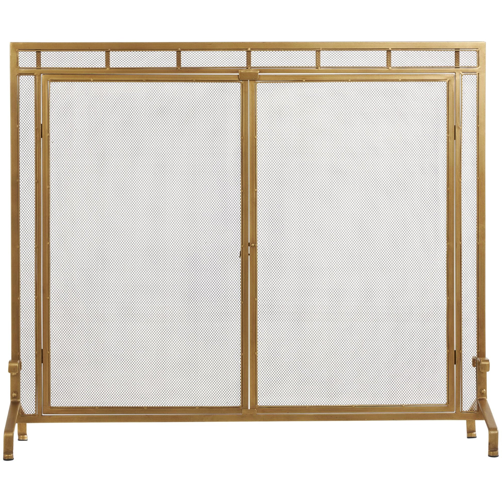 Gold Metal Geometric Single Panel Living Room Fireplace Screen with Latched Doors and Arched Feet