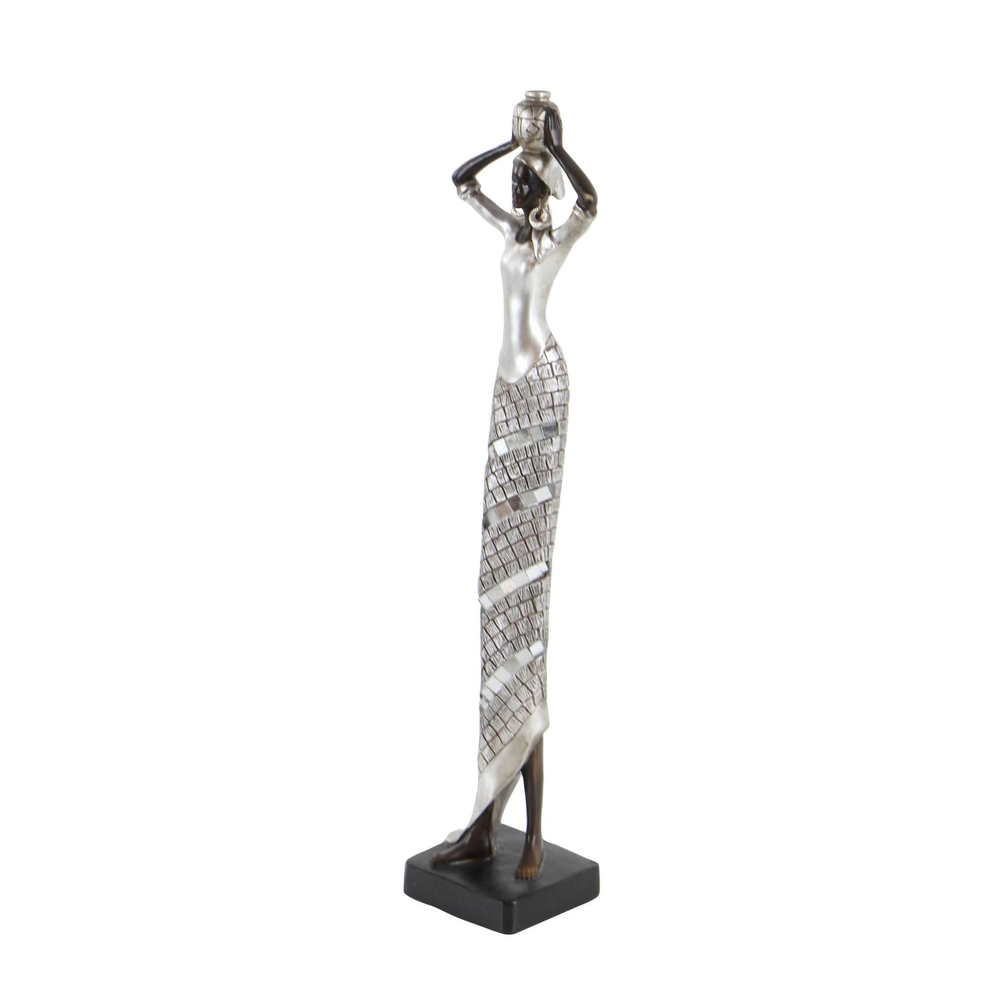 Woman Silver Polystone Standing African Decorative Sculpture with Mosaic Details