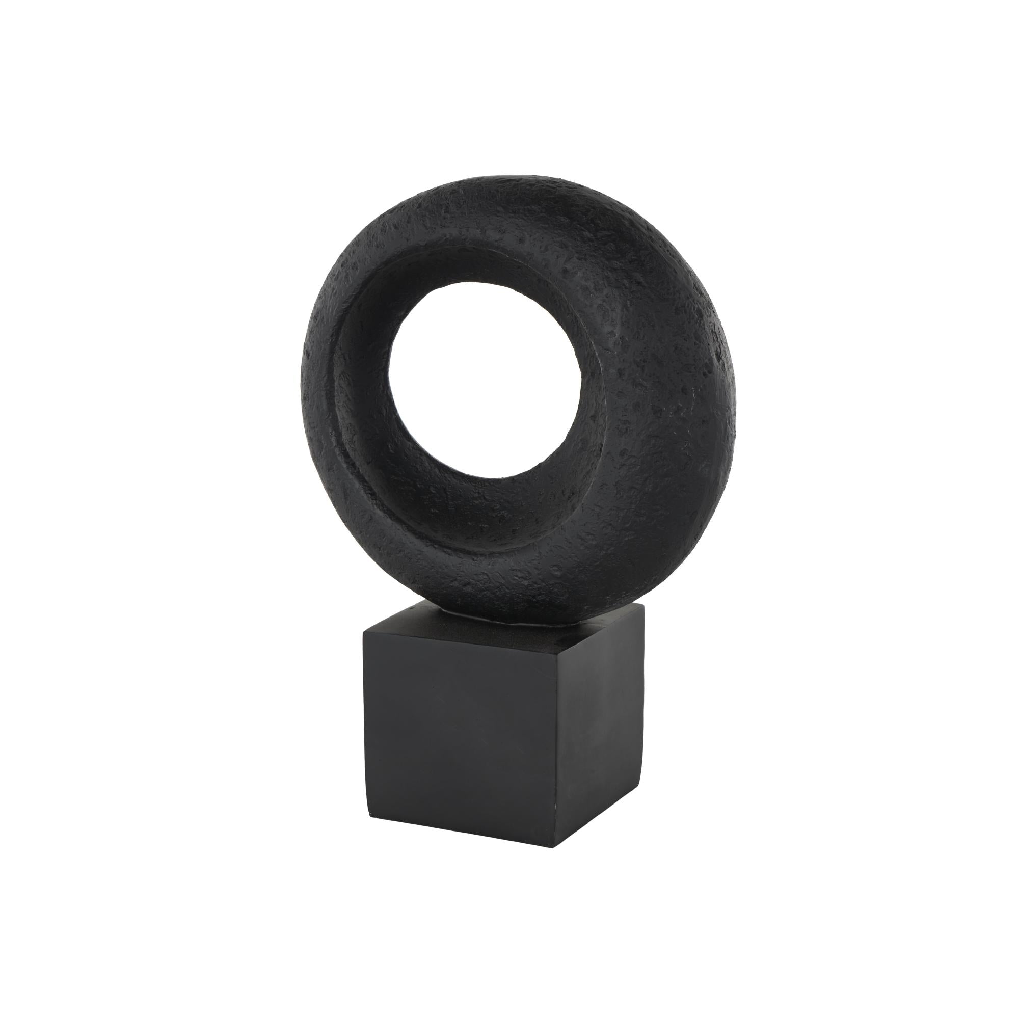 Geometric Black Polystone Textured Cutout Ring Decorative Sculpture with Block Base
