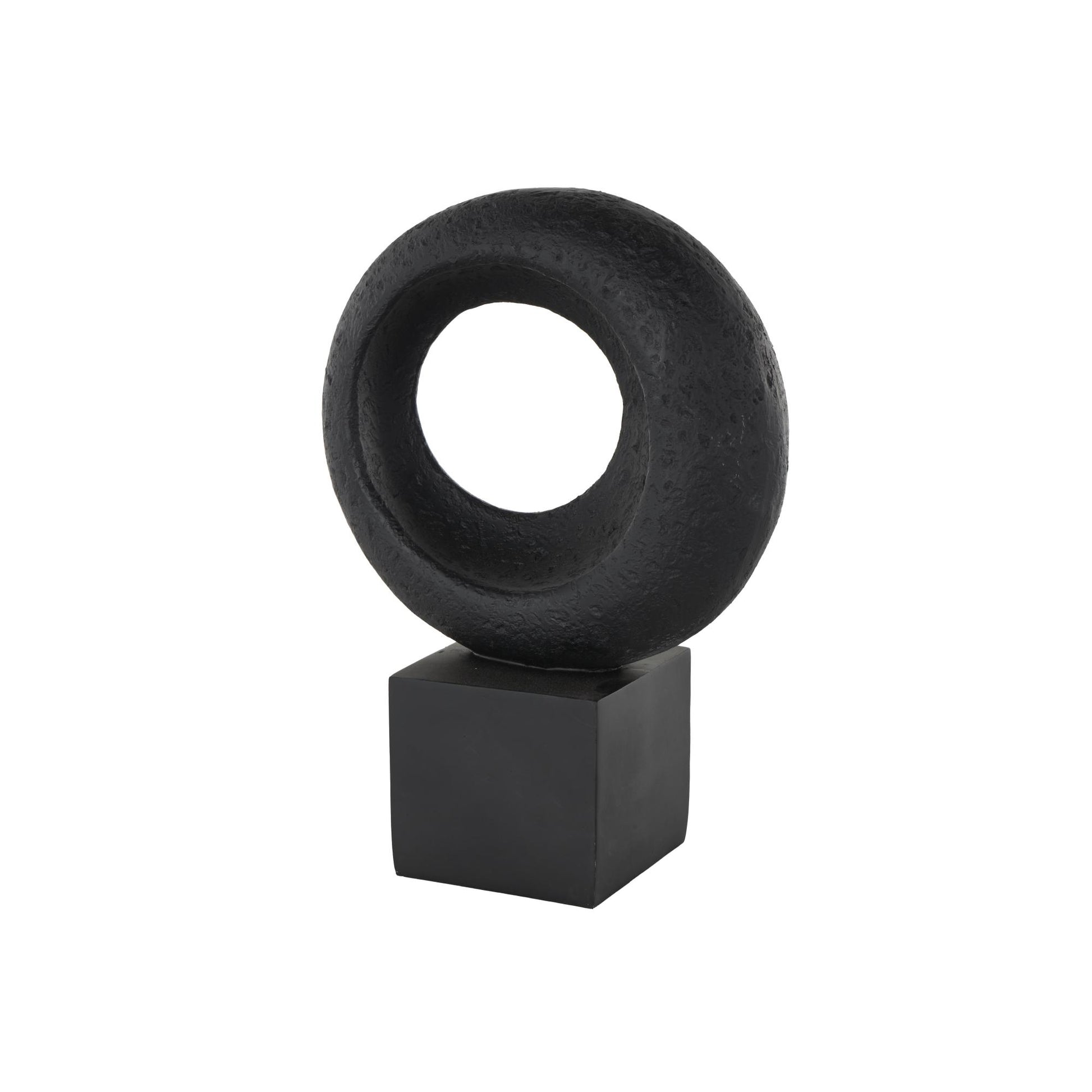 Geometric Black Polystone Textured Cutout Ring Decorative Sculpture with Block Base