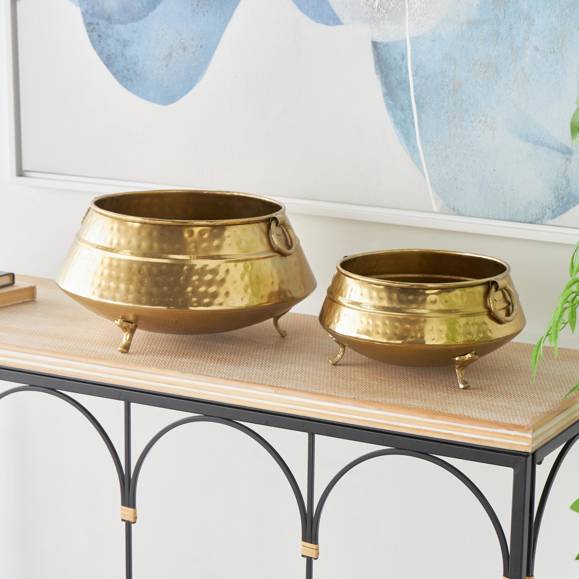 Set of 2 Gold Metal Hammered Pot Indoor Outdoor Planter with Scrolled Feet and Ring Handles