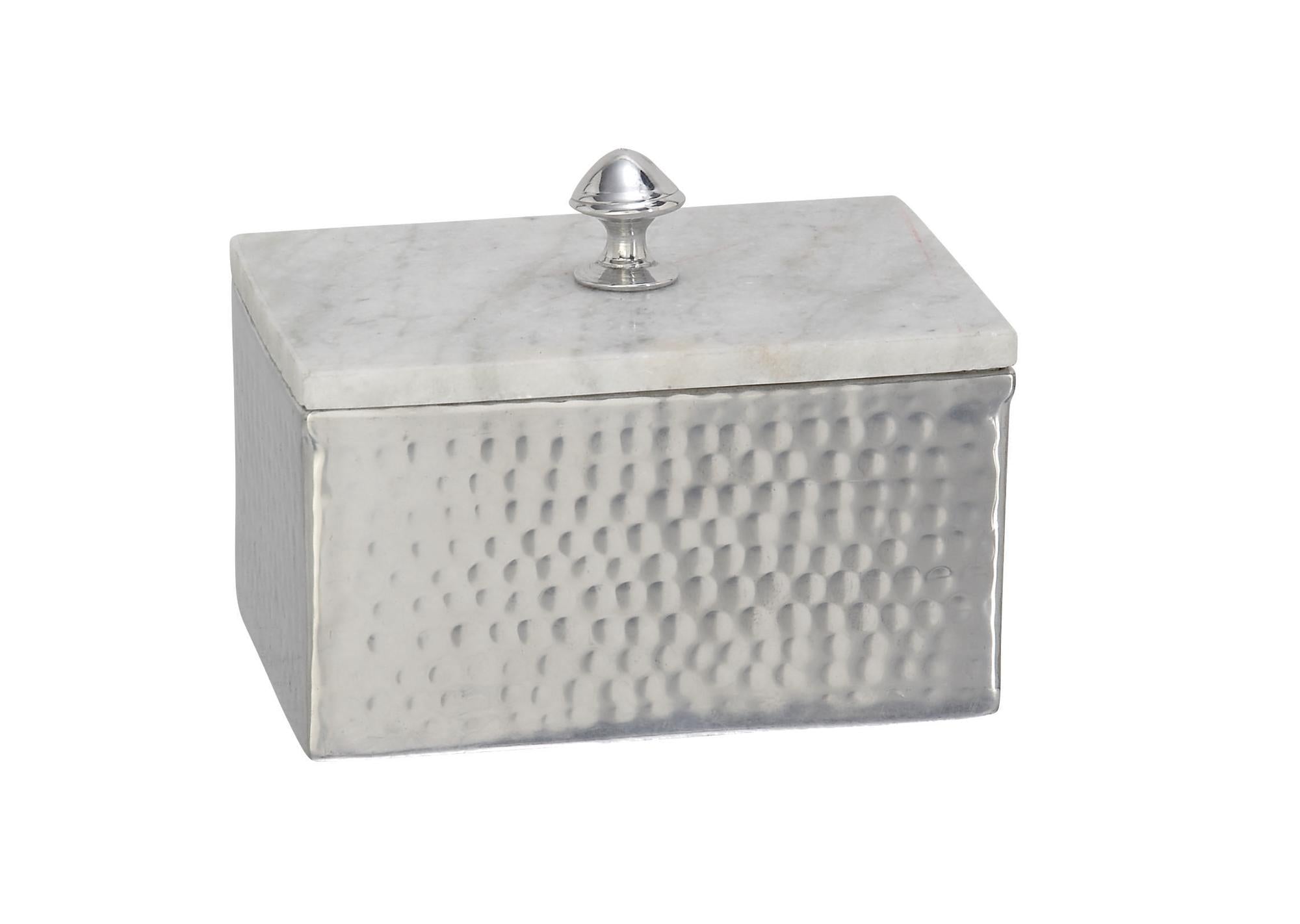 Silver Aluminum Metal Hammered Decorative Jewelry Box with White Marble Lid