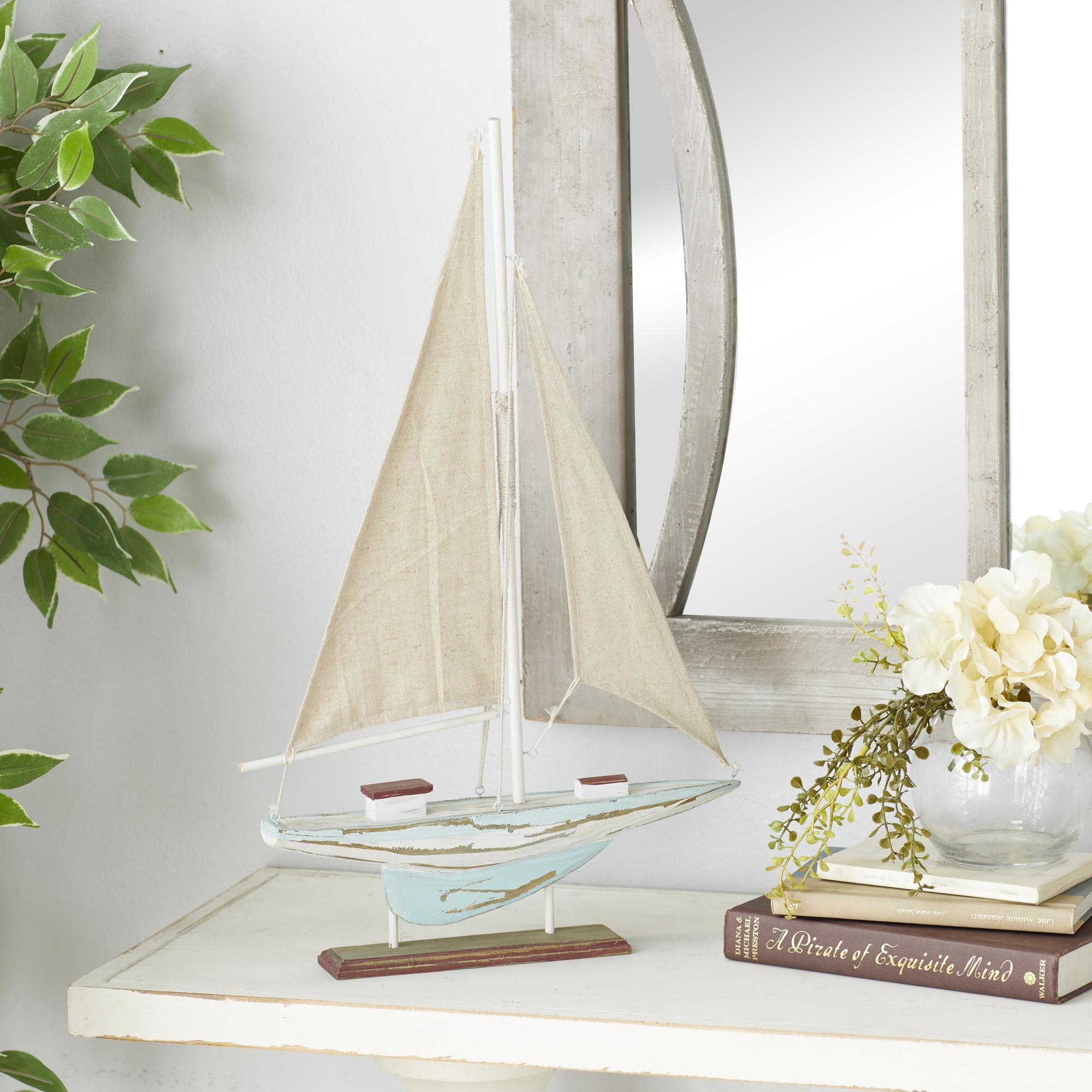 Sail Boat Blue Wood Distressed Decorative Sculpture with Cream Linen Sails and Brown Accents