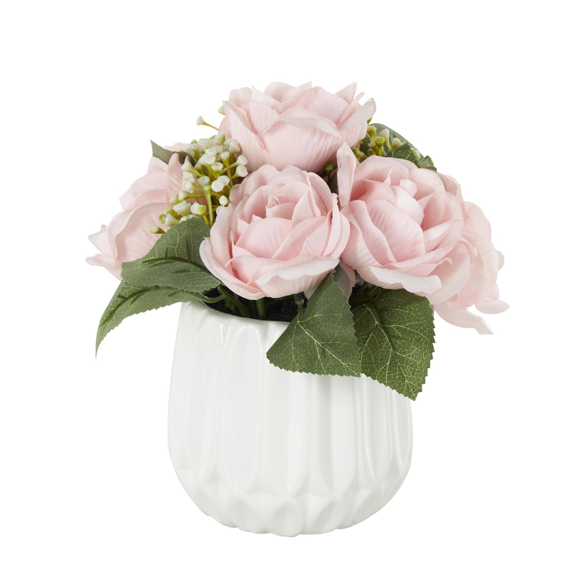 Hydrangea and Pom Pom Pink Fabric Indoor Outdoor Artificial Flower with Green Leaves and Round Ceramic Vase