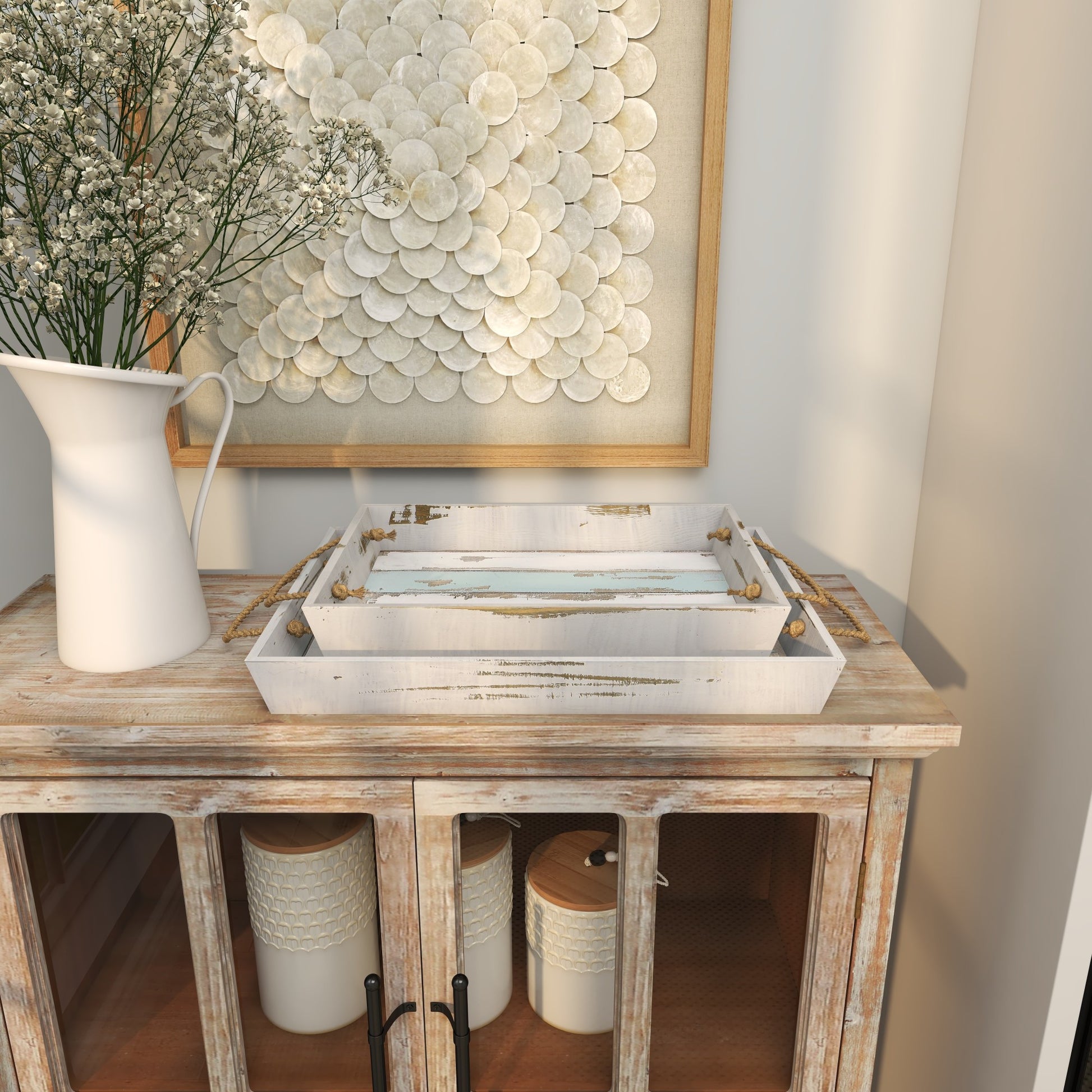 Set of 2 Nautical White Wood Distressed Living Room Decor Tray with Blue Stripes and Jute Handles