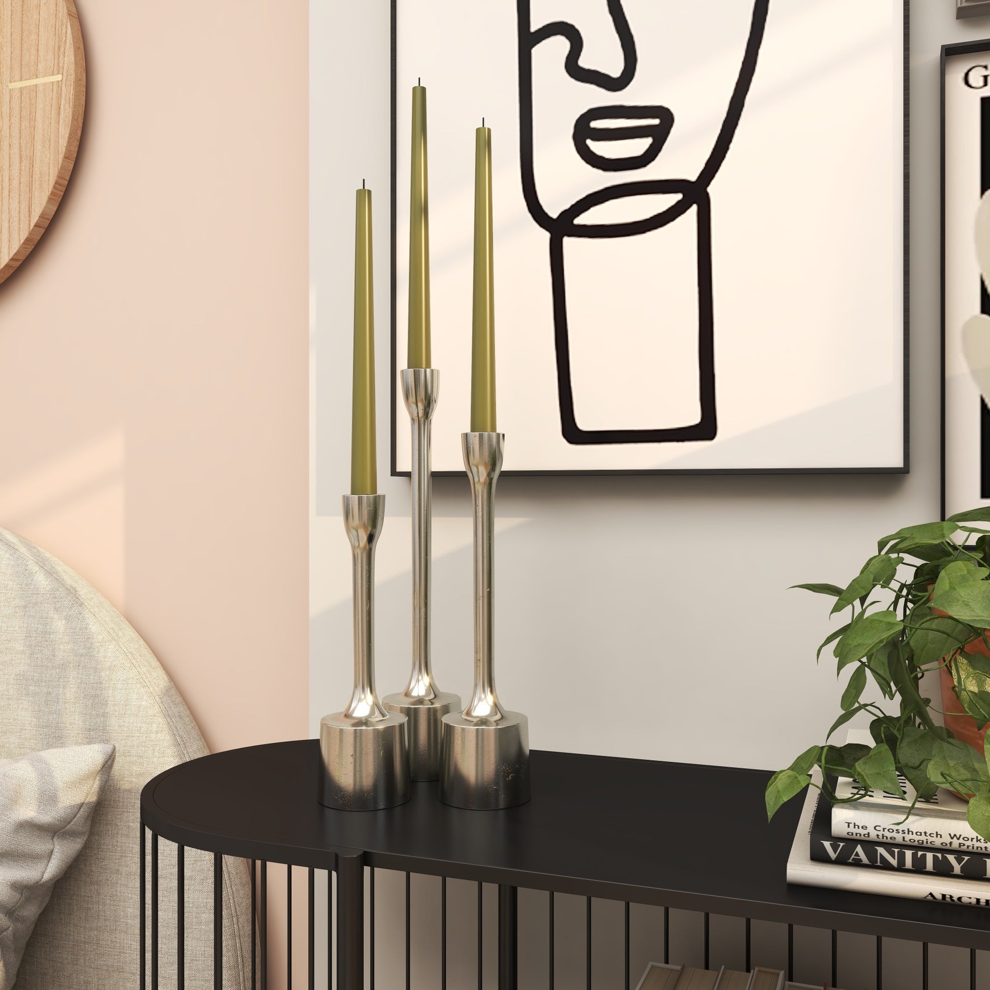 CosmoLiving by Cosmopolitan Set of 3 Aluminum Metal Slim Decorative Candle Holder with Block Bases