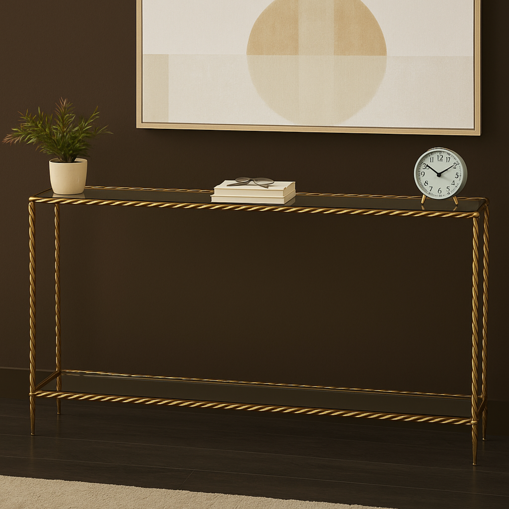 Gold Metal Twisted Rope Inspired Living Room Console Table with Mirrored Glass Top and Shelf