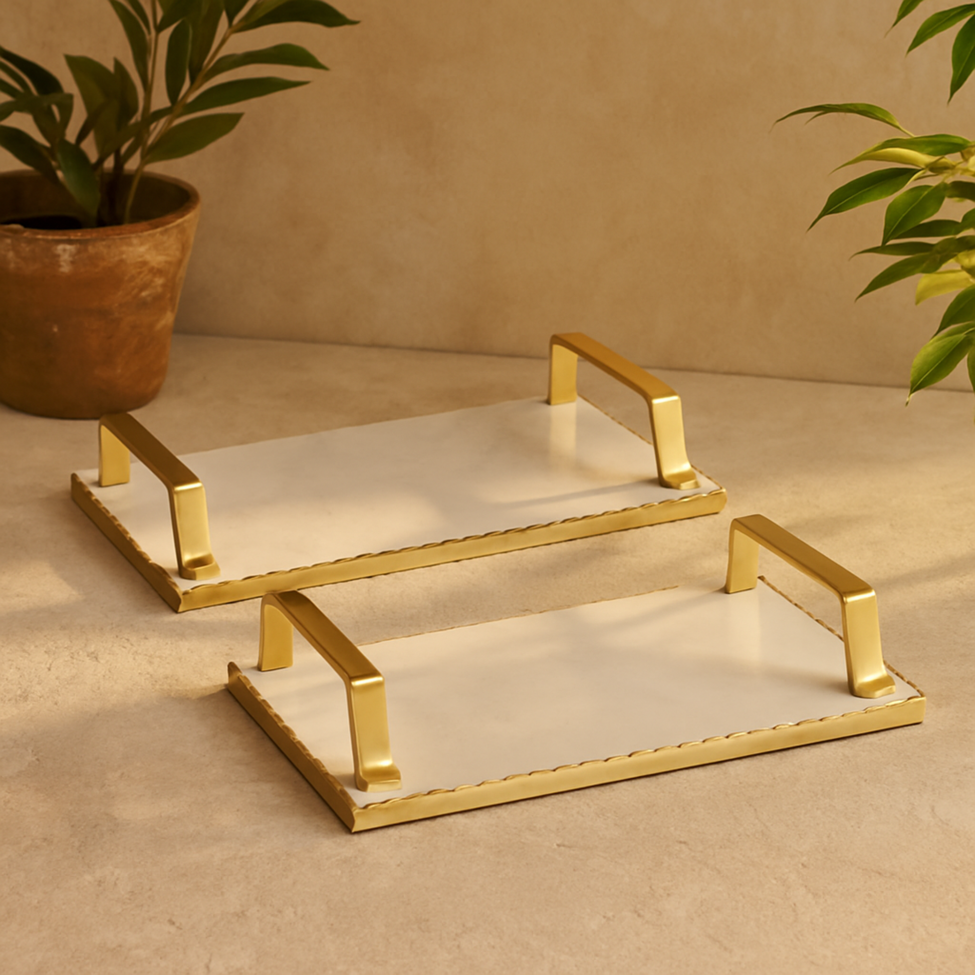 Set of 2 Marble Scalloped Living Room Decor Tray with Gold Metal Handles