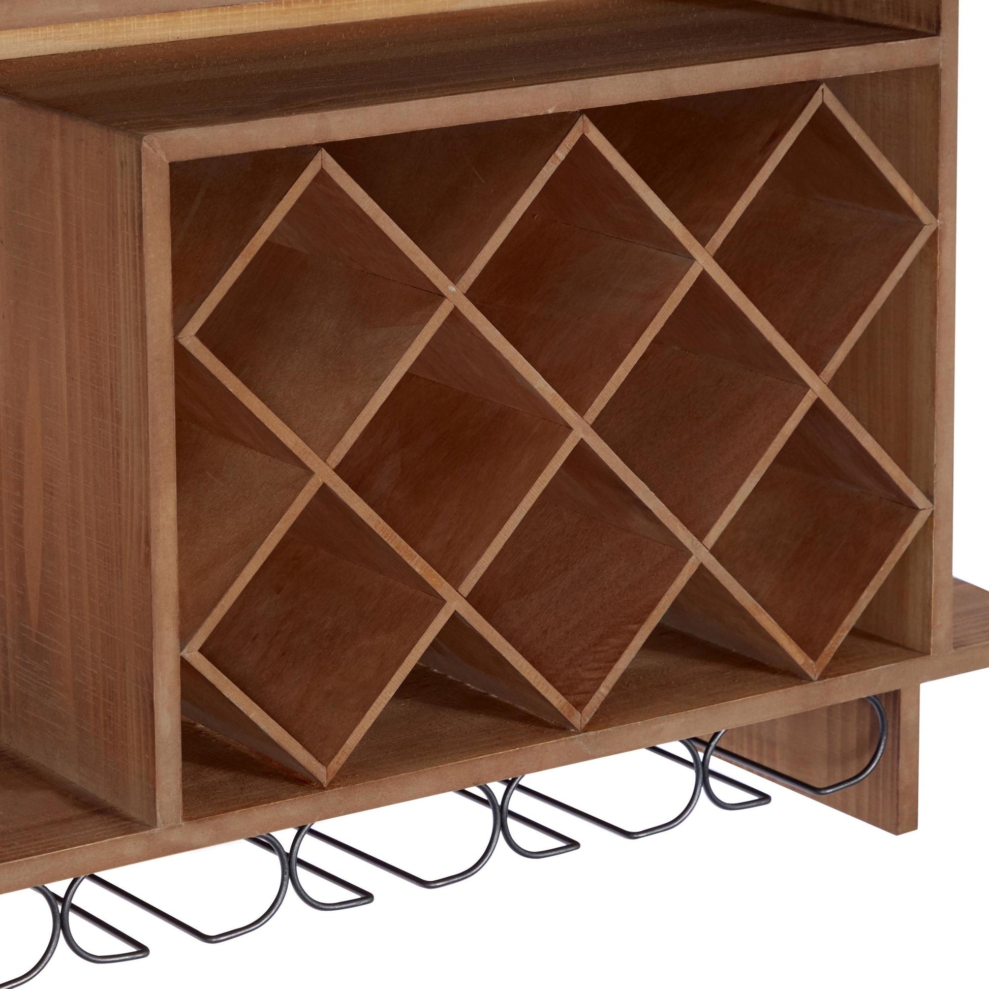 Geometric Brown Wood 8 Bottle Display Wall Wine Rack with 6 Glass Holder Slots