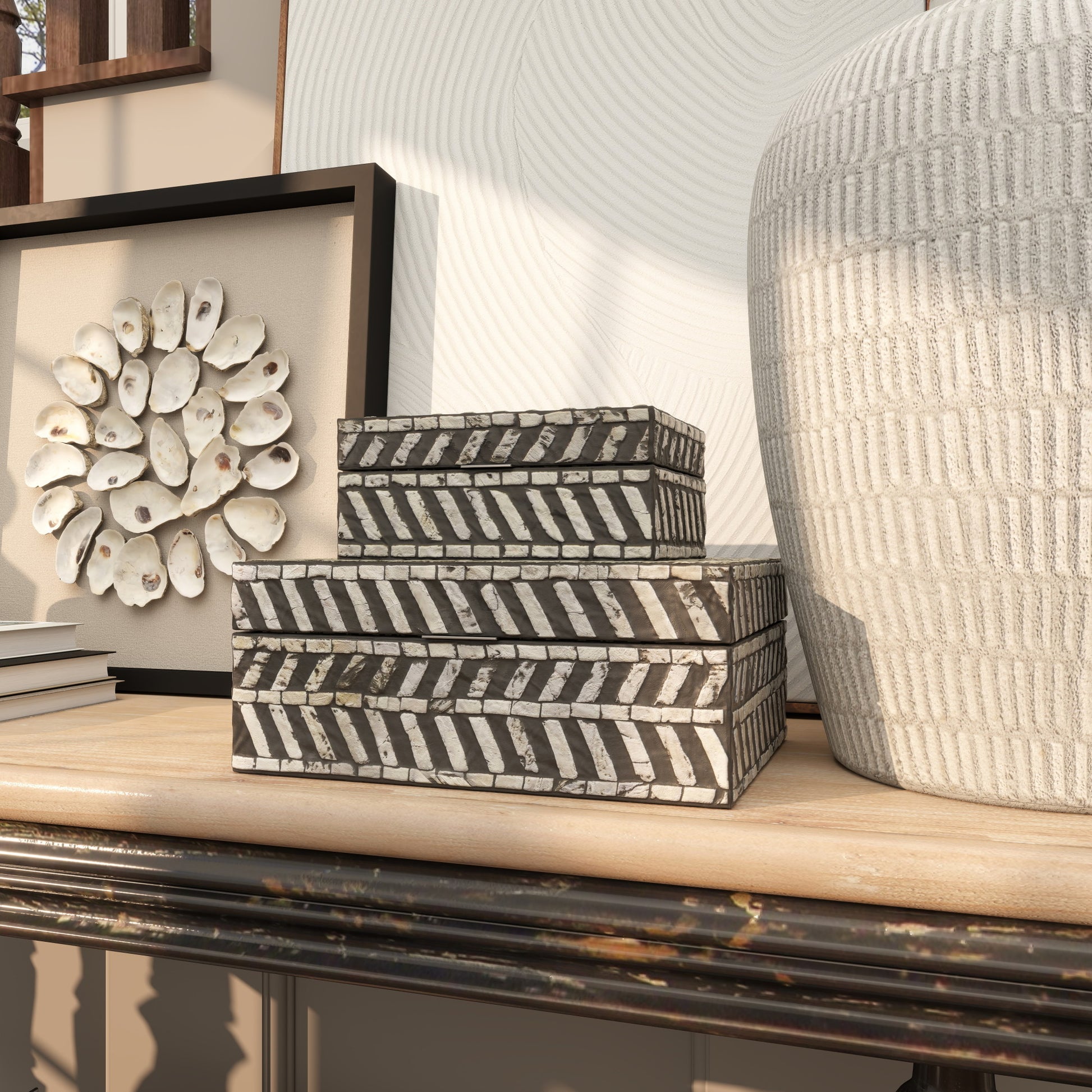 Set of 2 Mother of Pearl Shell Handmade Decorative Box with Hinged Lid Set of 2 12", 8"W